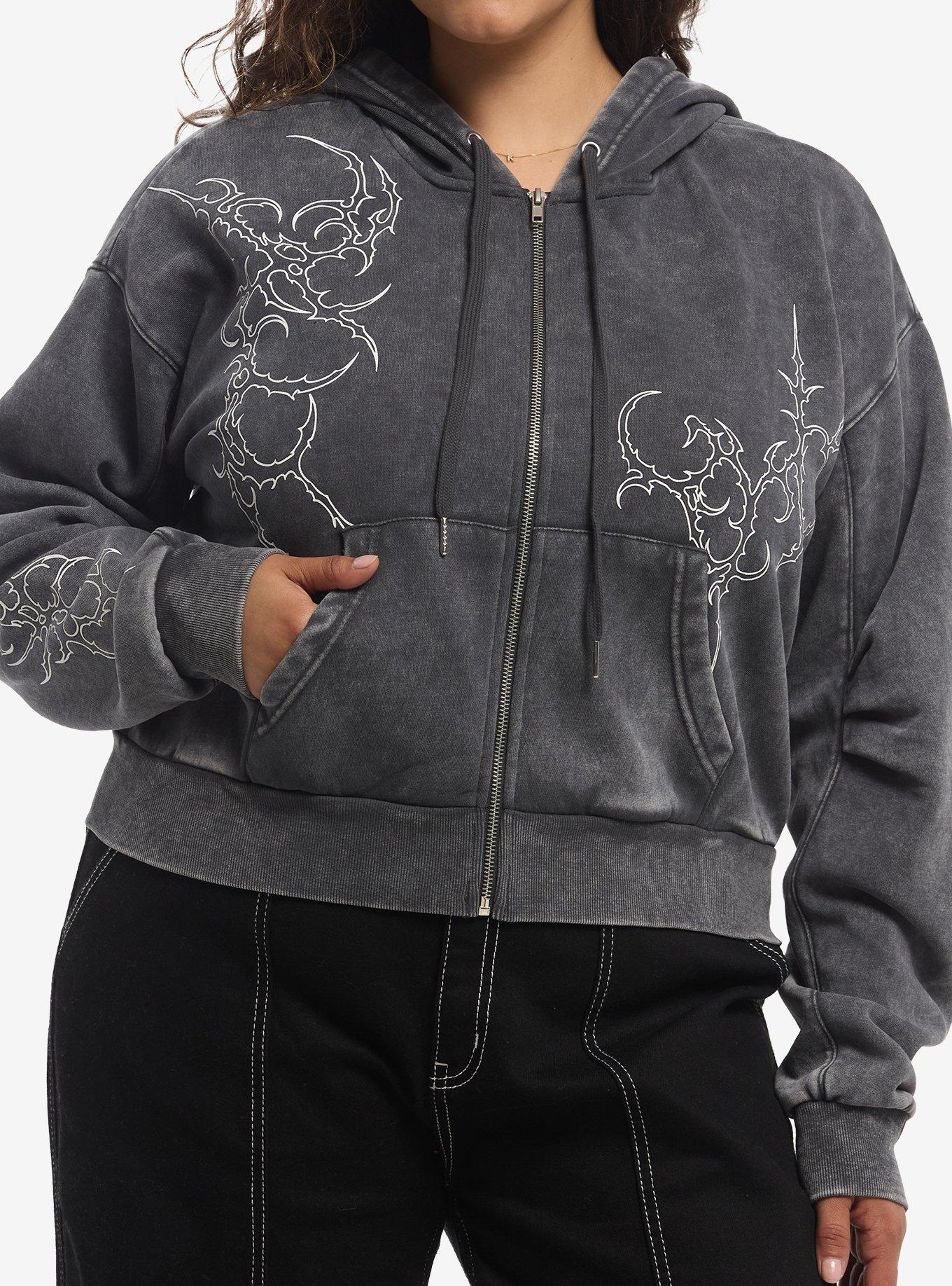 Social Collision Grey Cyber Sigil Girls Crop Hoodie Plus Size, , hi-res