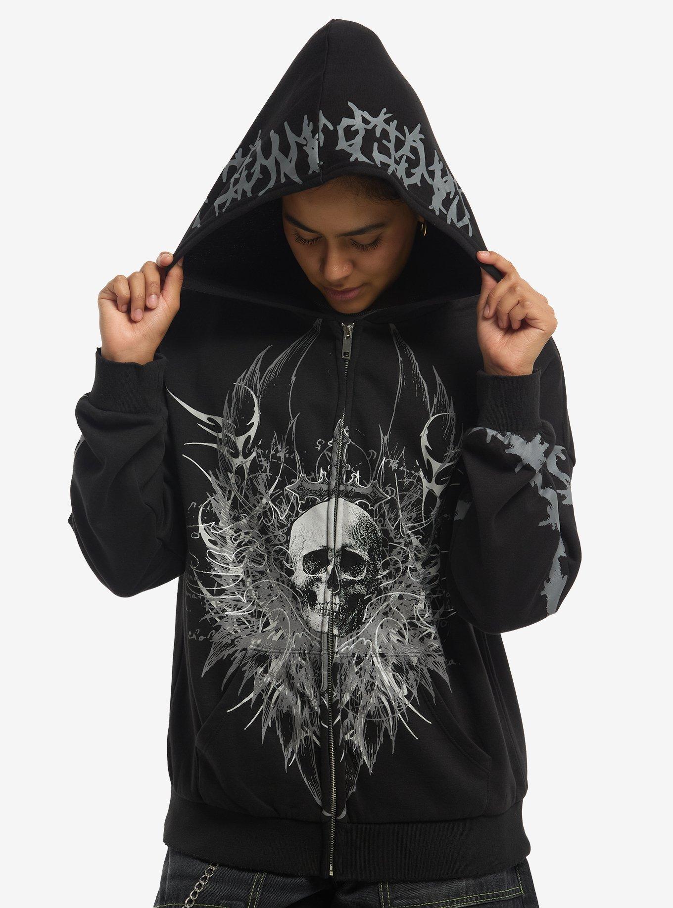 Social Collision Black & Grey Cyber Skull Girls Hoodie, , hi-res