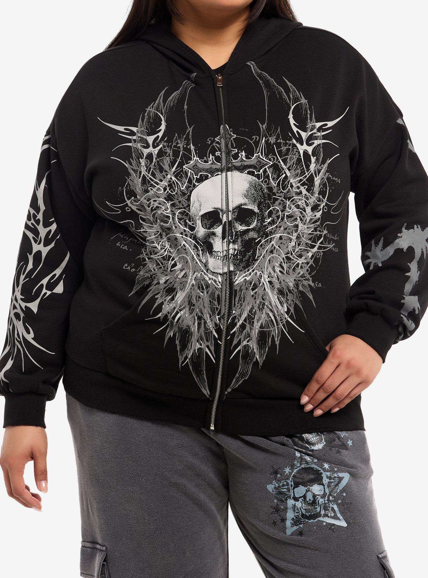 Social Collision Black & Grey Cyber Skull Girls Hoodie Plus Size, , hi-res