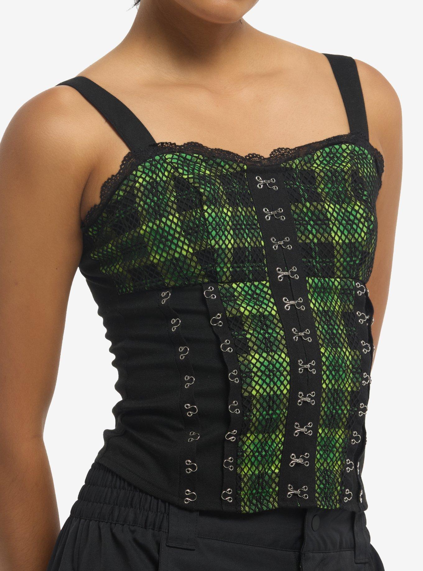 Social Collision Black & Green Plaid Girls Corset Tank Top, , hi-res