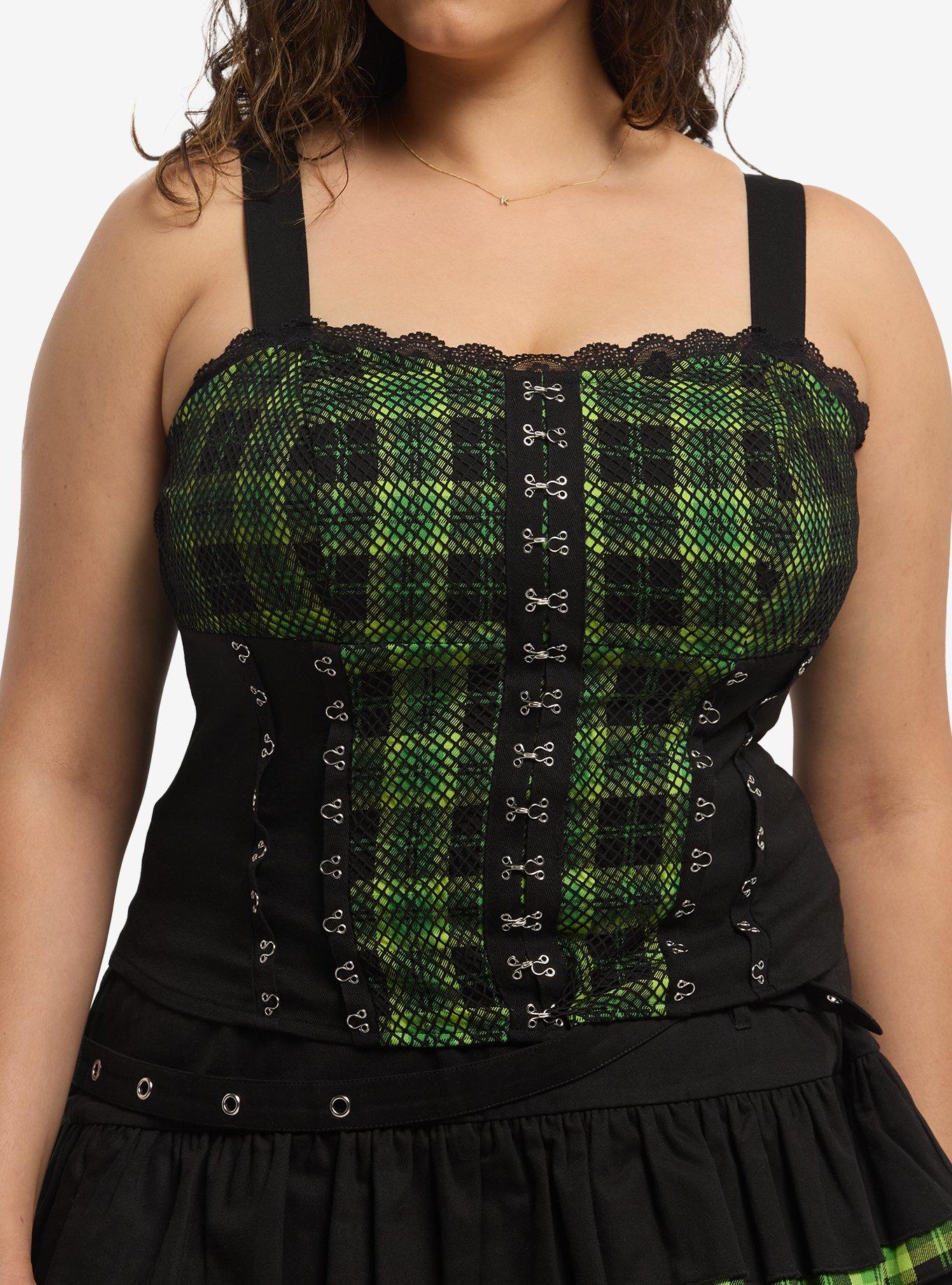 Social Collision Black & Green Plaid Girls Corset Tank Top Plus Size, , hi-res