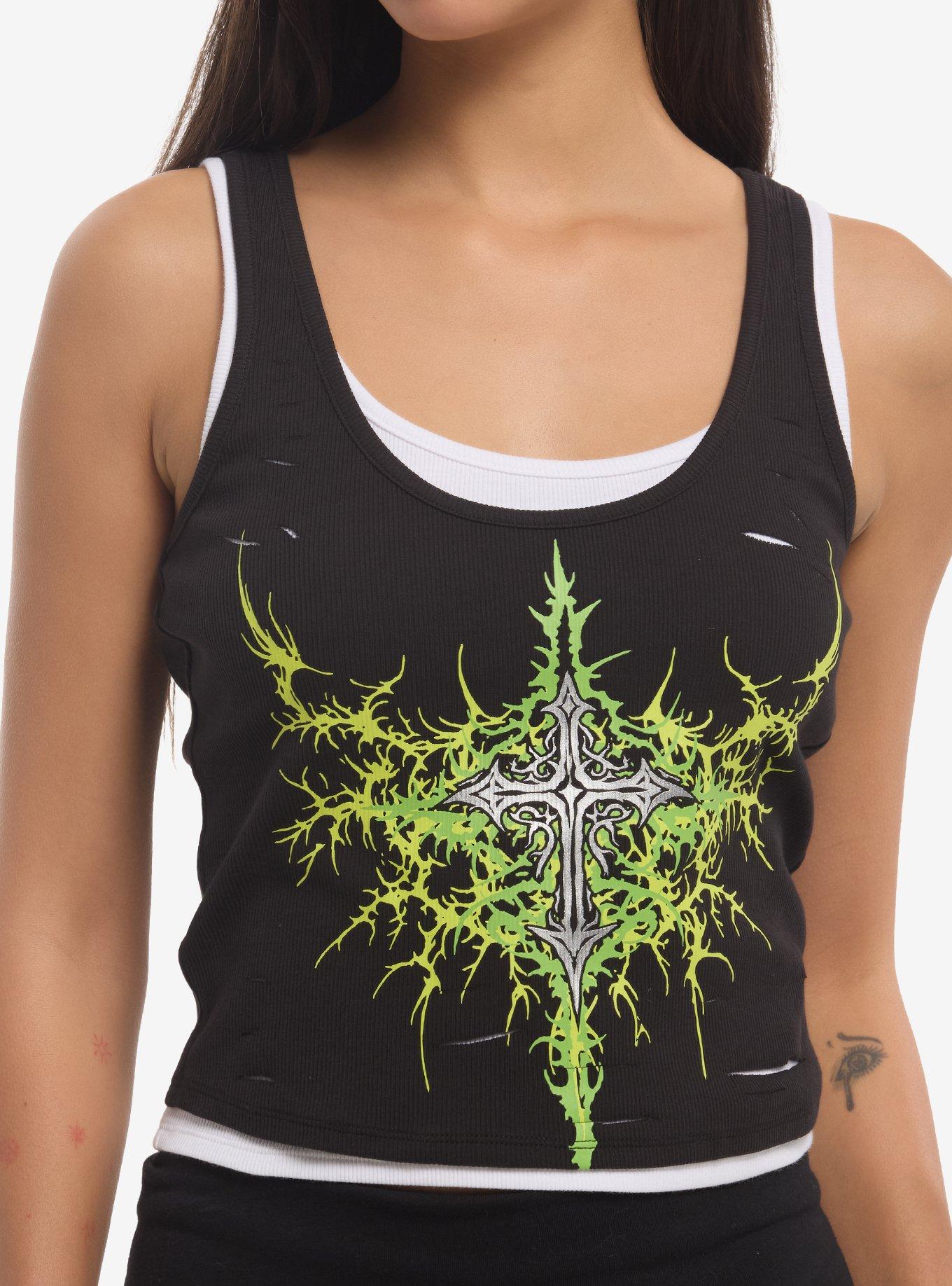 Social Collision Black & Green Cyber Cross Girls Twofer Tank Top, , hi-res