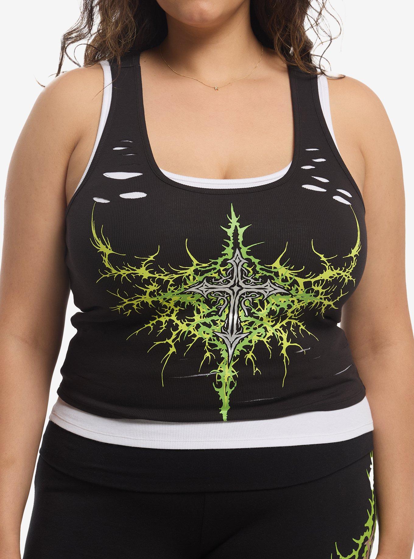 Social Collision Black & Green Cyber Cross Girls Twofer Tank Top Plus Size, , hi-res