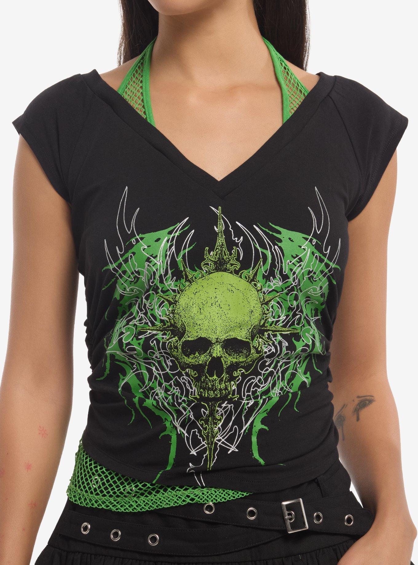 Social Collision Black & Green Skull Girls Twofer Top, , hi-res