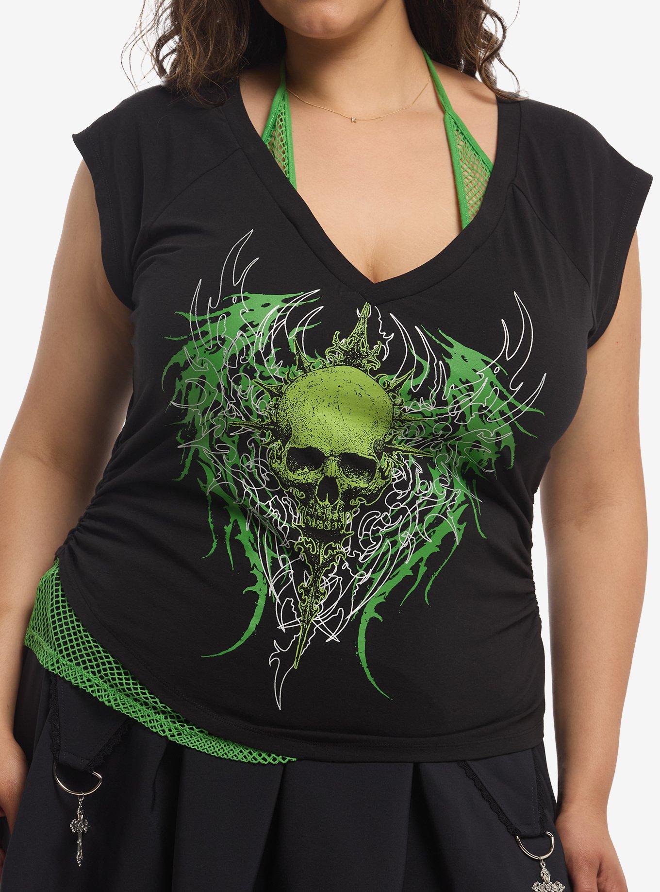 Social Collision Black & Green Skull Girls Twofer Top Plus Size, , hi-res