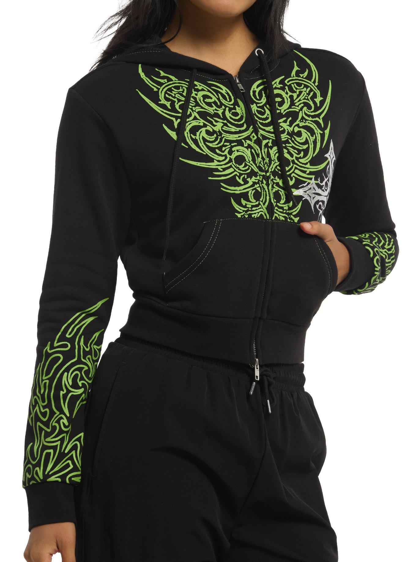 Social Collision Black & Green Cyber Cross Girls Crop Hoodie, , hi-res