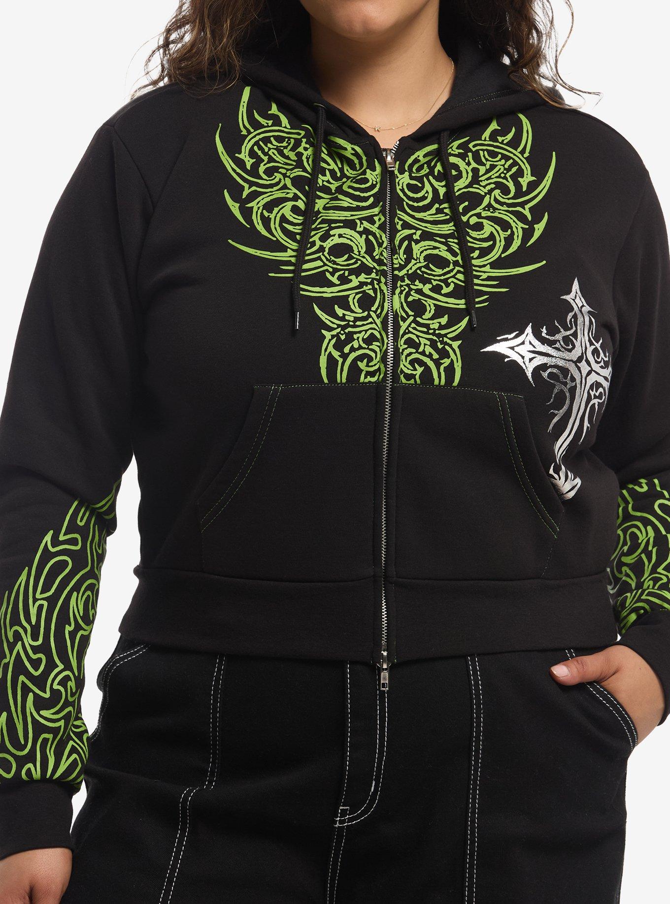 Social Collision Black & Green Cyber Cross Girls Crop Hoodie Plus Size
