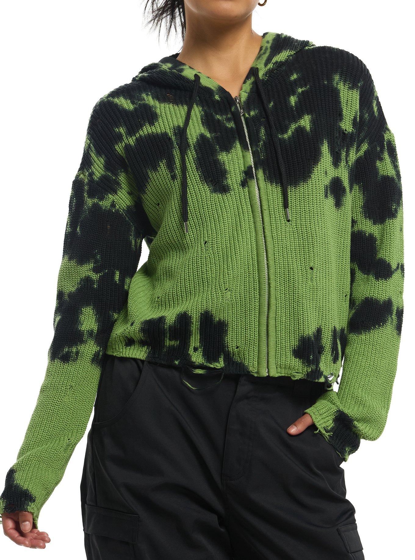 Social Collision Black & Green Wash Destructed Girls Hoodie, , hi-res