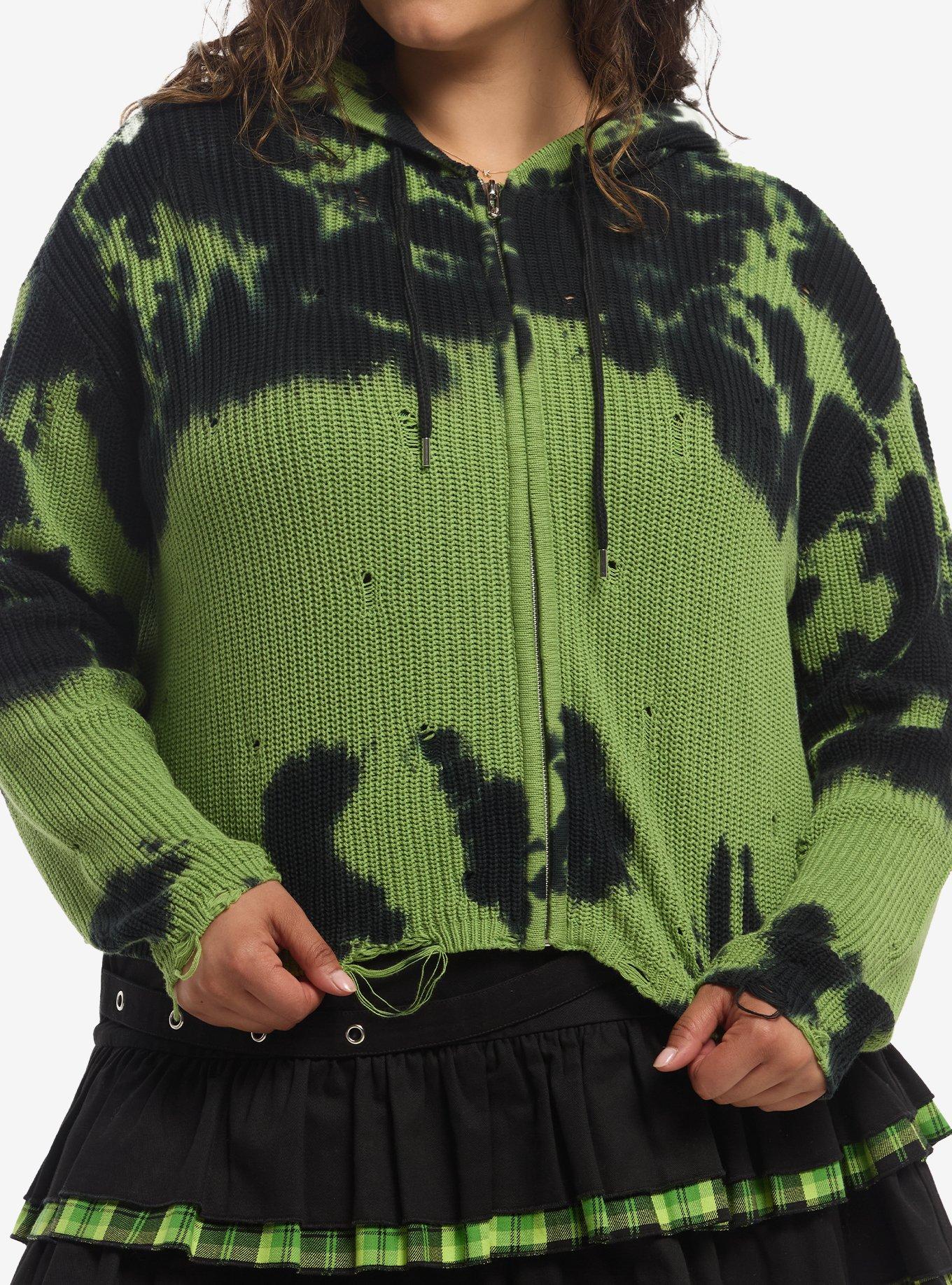 Social Collision Black & Green Wash Destructed Girls Hoodie Plus Size, , hi-res