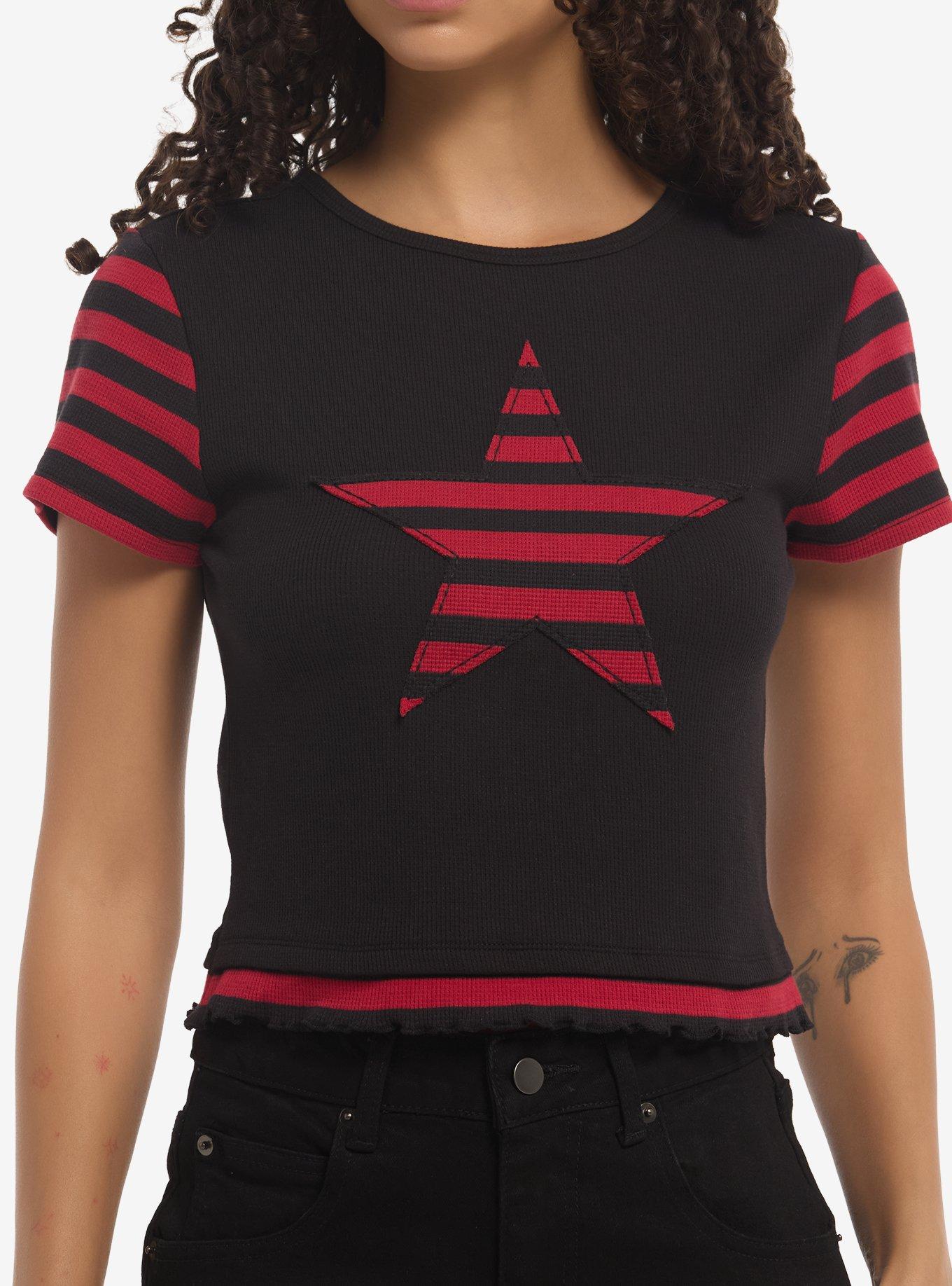 Social Collision Black & Red Stripe Star Girls Top, , hi-res
