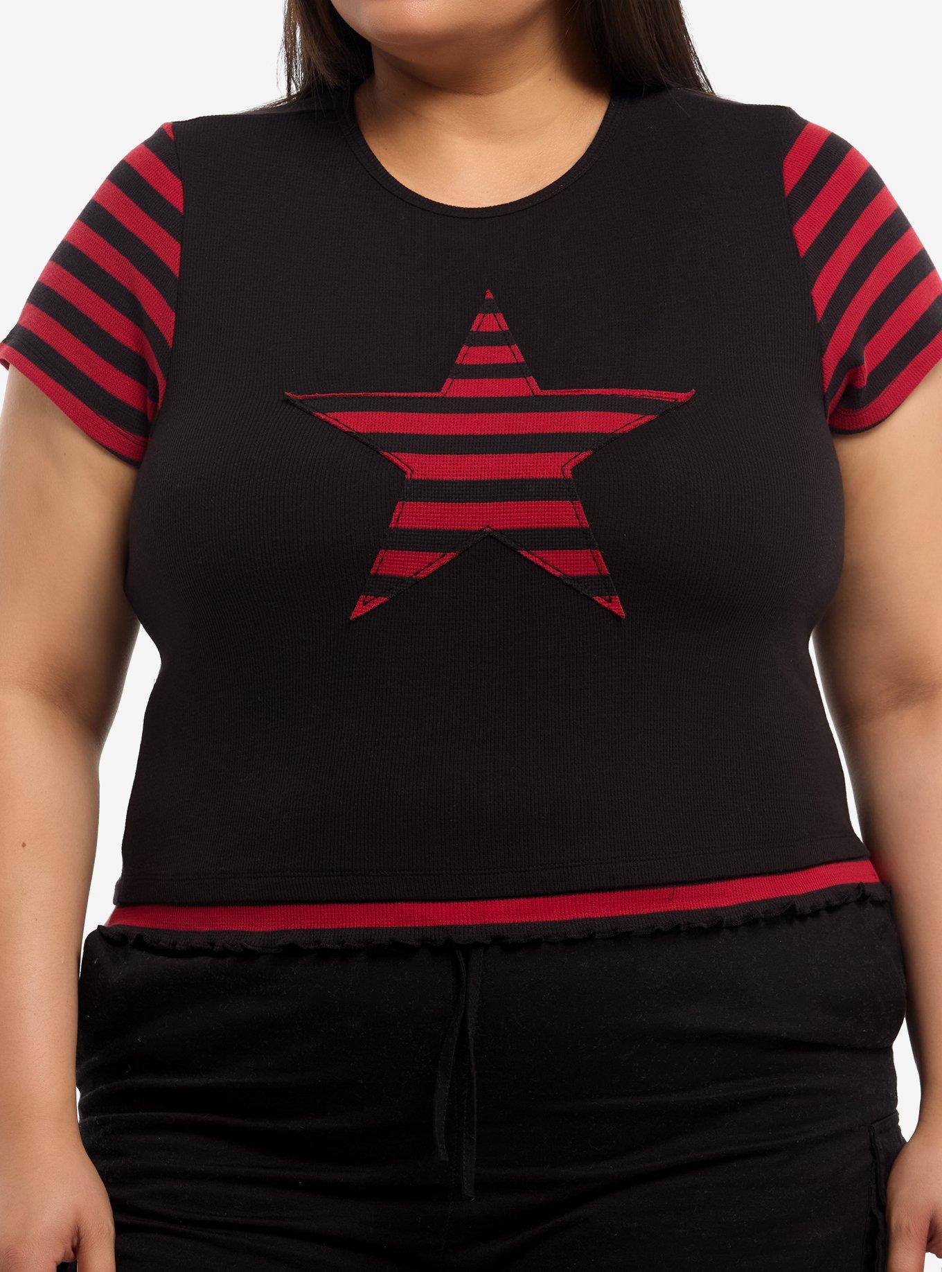 Social Collision Black & Red Stripe Star Girls Top Plus Size, , hi-res
