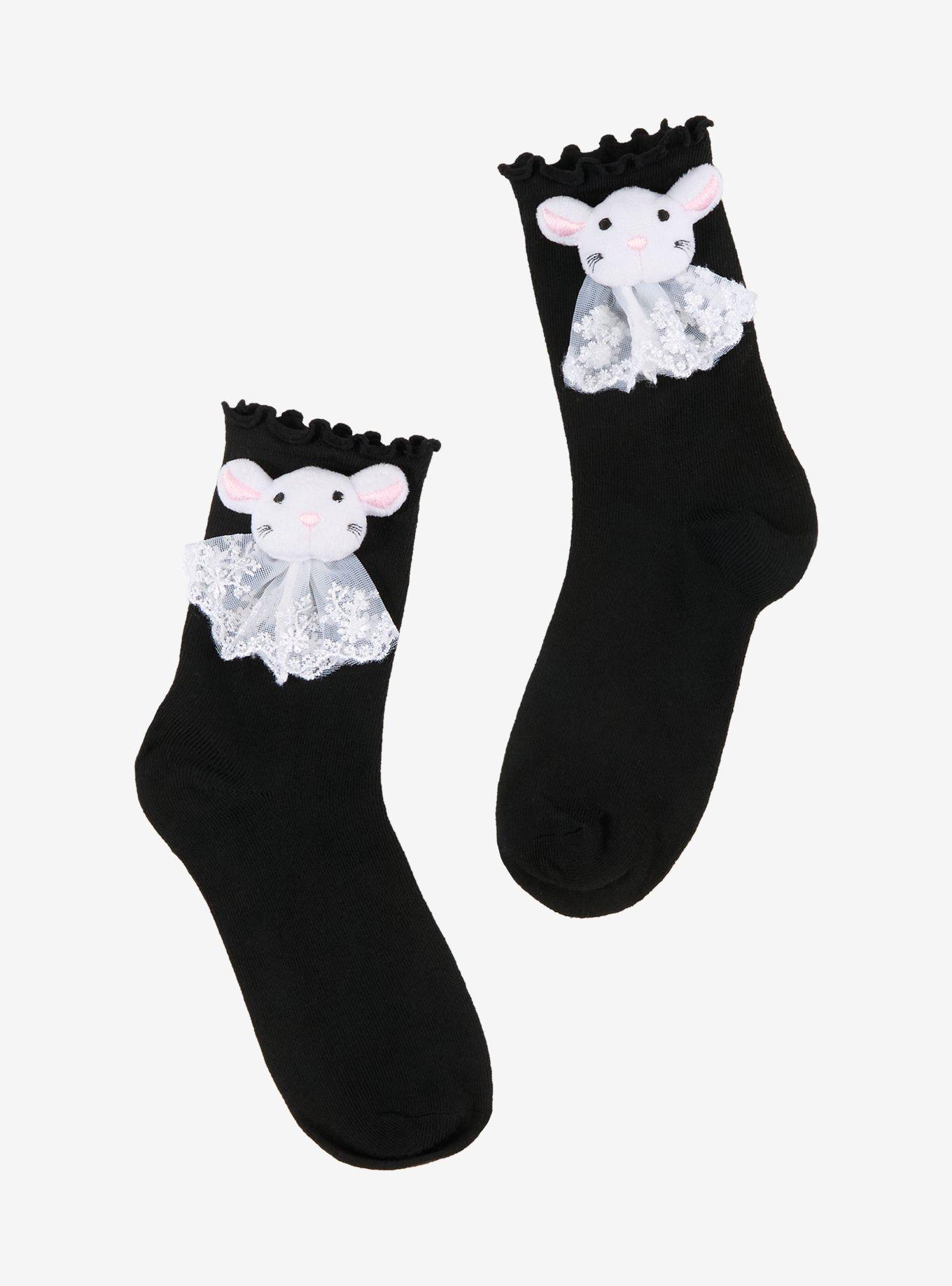Black & Grey Mouse Plush Crew Socks, , hi-res