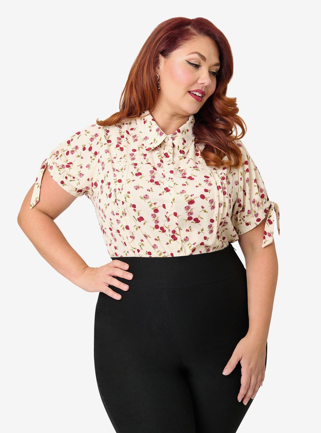 Unique Vintage Plus Size Light Pink & Floral Print Colvin Blouse, , hi-res