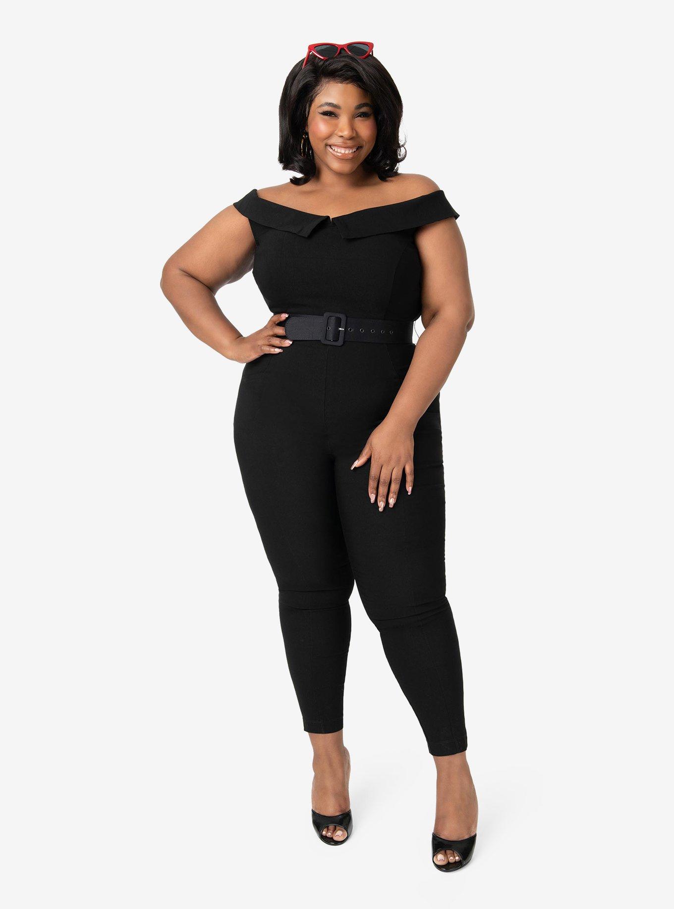 Unique Vintage Plus Size 1950s Black Off Shoulder Gillian Jumpsuit, , hi-res