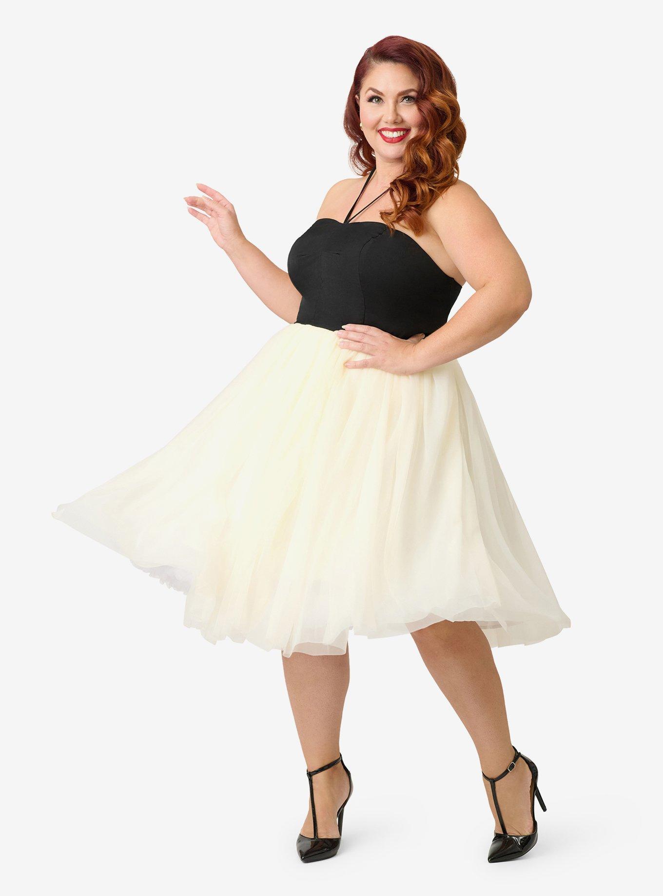 Unique Vintage Plus Size Black & Ivory Sweetheart Halter Swing Dress, , hi-res