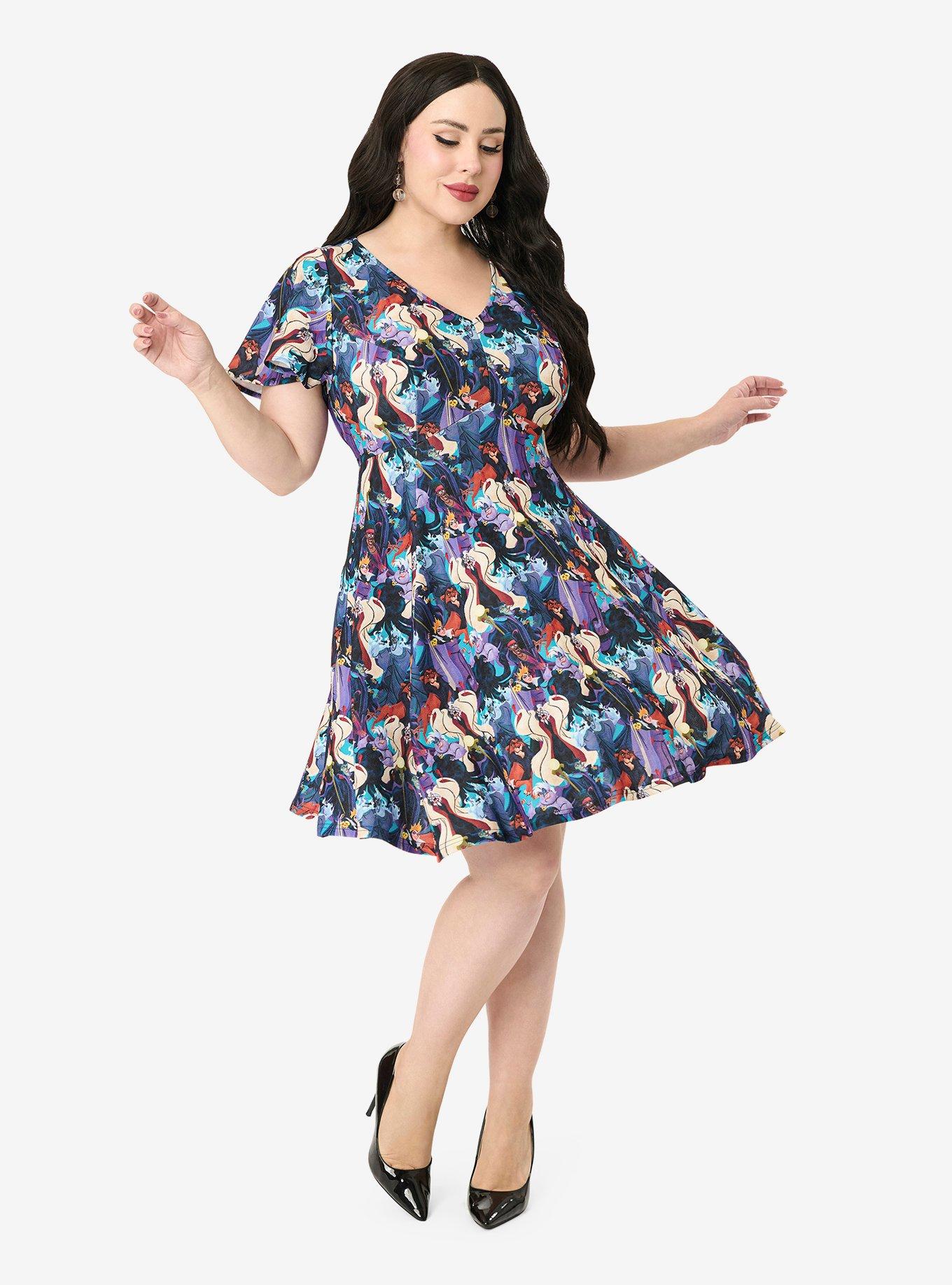 Disney Villains Collection by Unique Vintage Plus Size Villain Print Flare Dress, , hi-res