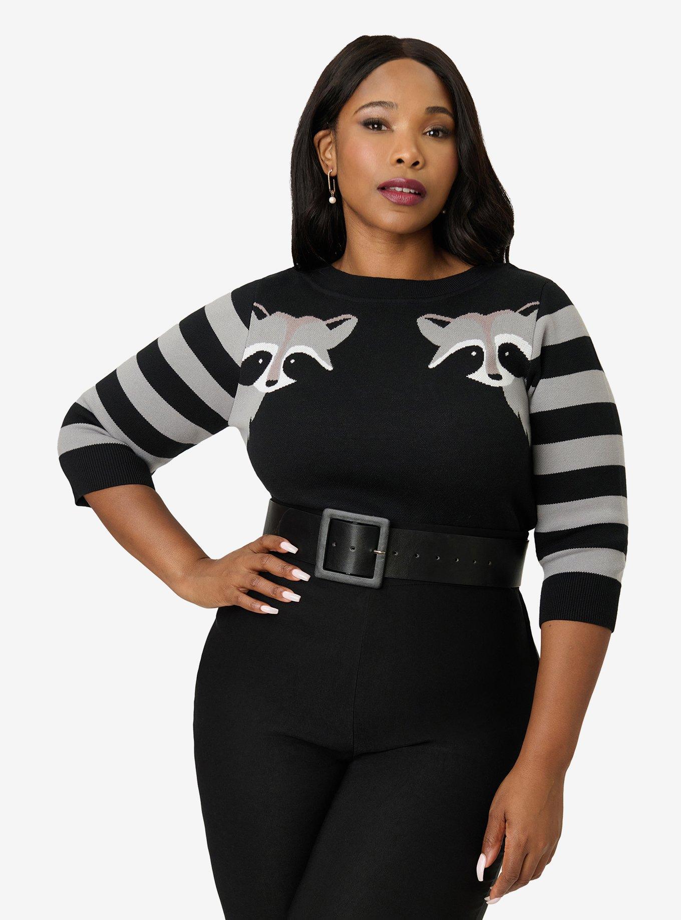 Unique Vintage Plus Size Black & Raccoon Sleeve Minou Sweater, , hi-res