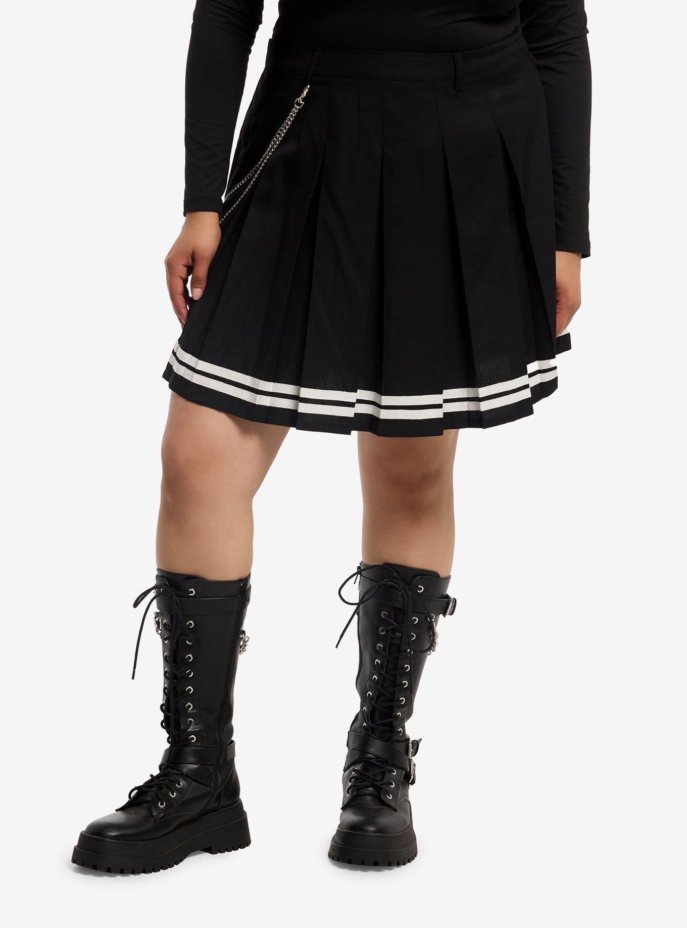 Black & White Varsity Stripe Skirt With Chain Plus Size, , hi-res