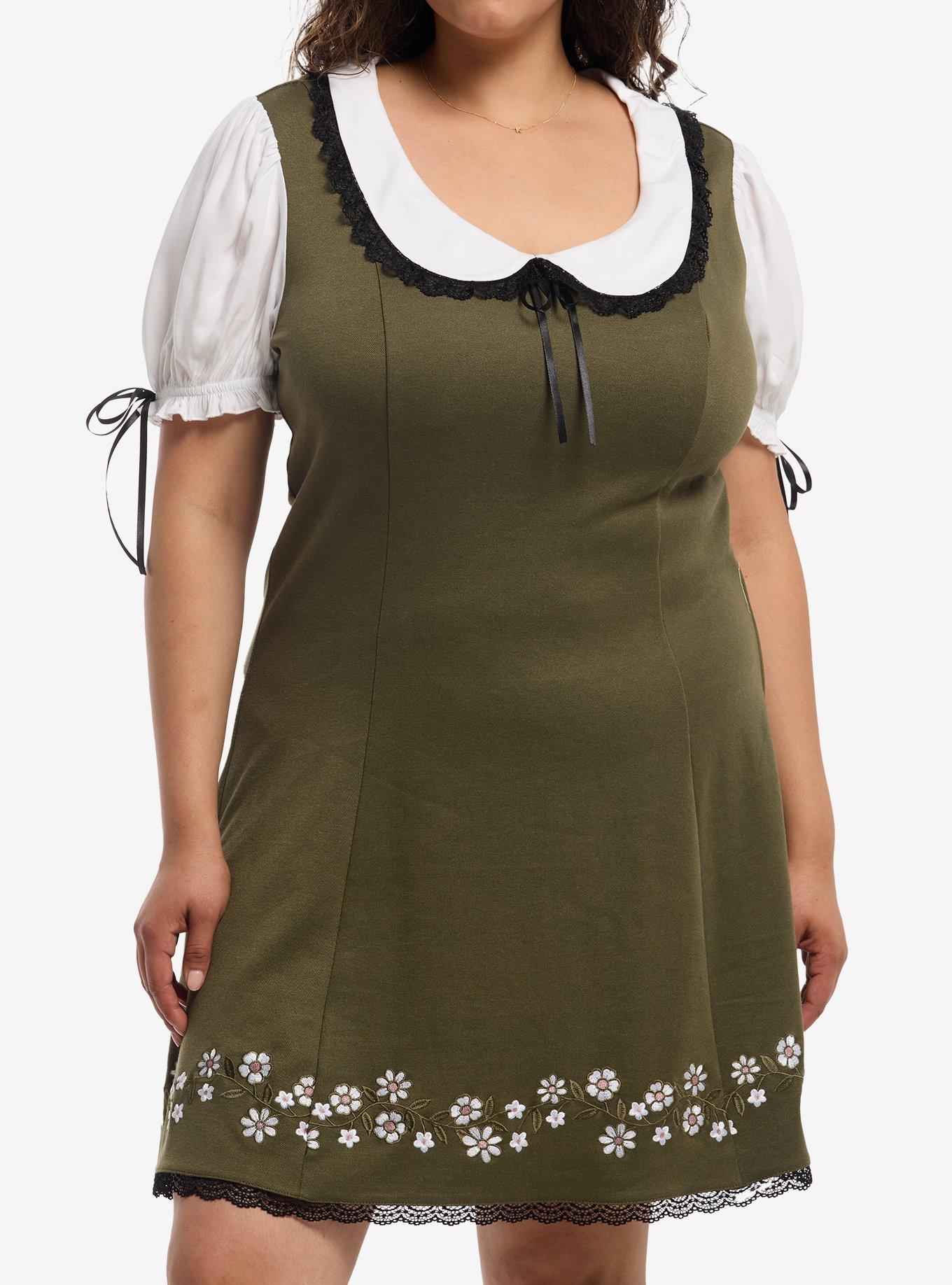 Thorn & Fable Olive Floral Collared Dress Plus Size, , hi-res