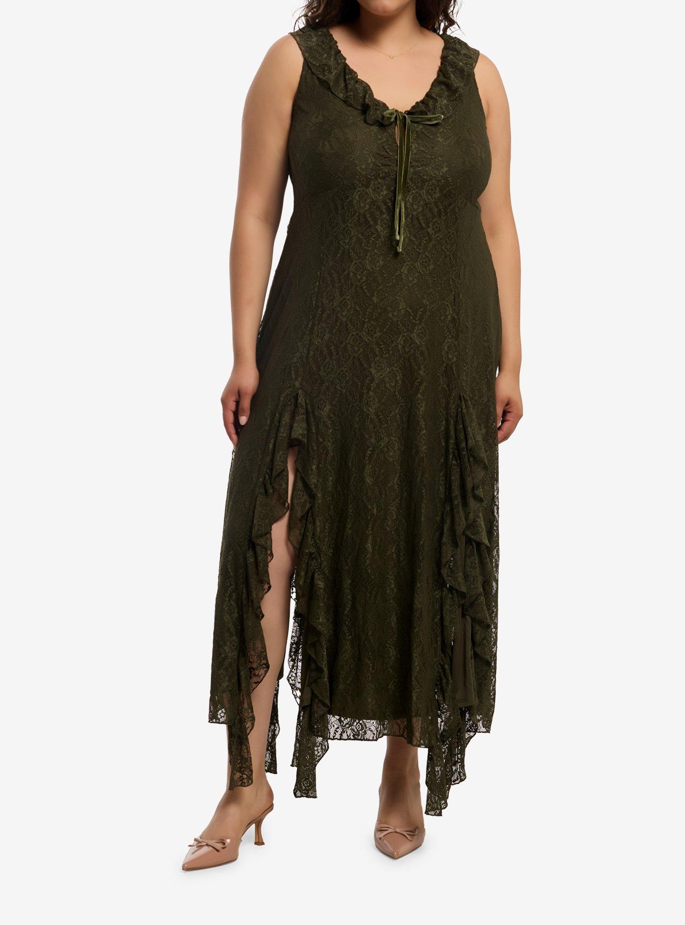 Thorn & Fable Olive Lace Maxi Dress Plus Size, , hi-res