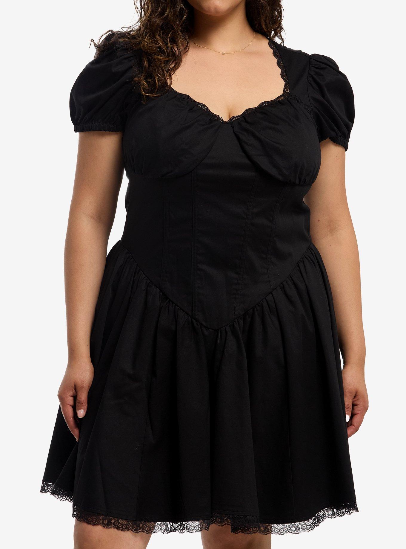 Social Collision Black Corset Puff Sleeve Dress Plus Size, , hi-res