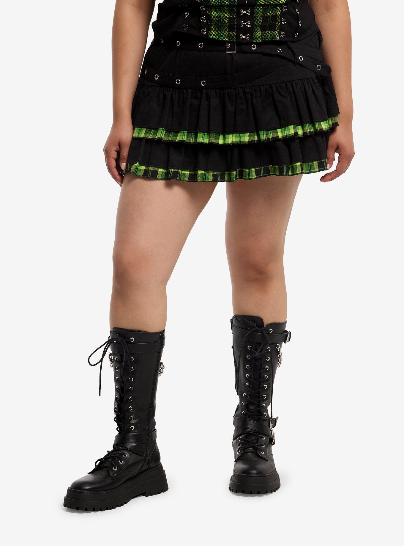 Social Collision Black & Green Plaid Grommet Belt  Skirt Plus Size, , hi-res
