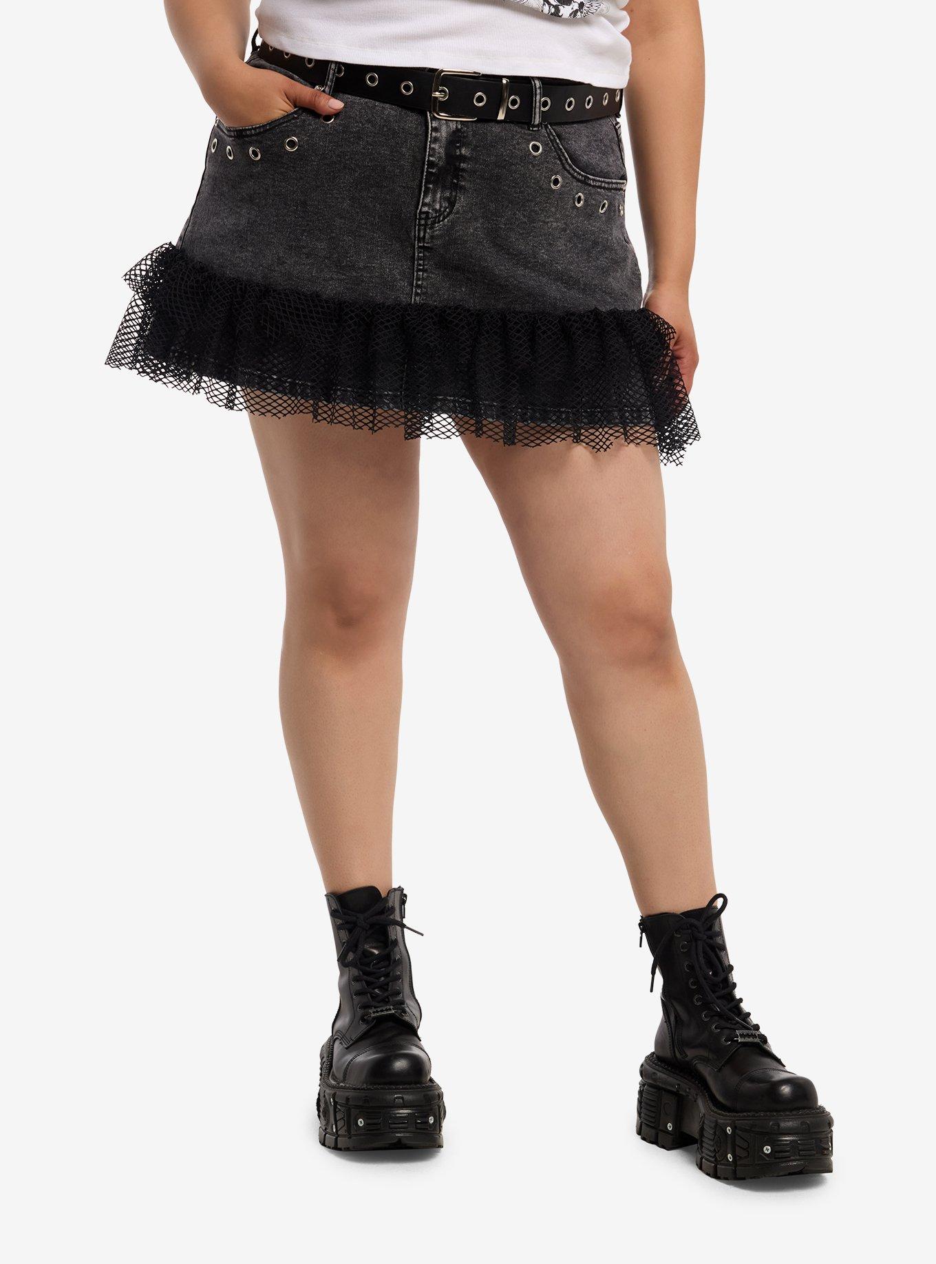 Social Collision Black Fishnet Ruffle Denim Skirt Plus Size, , hi-res