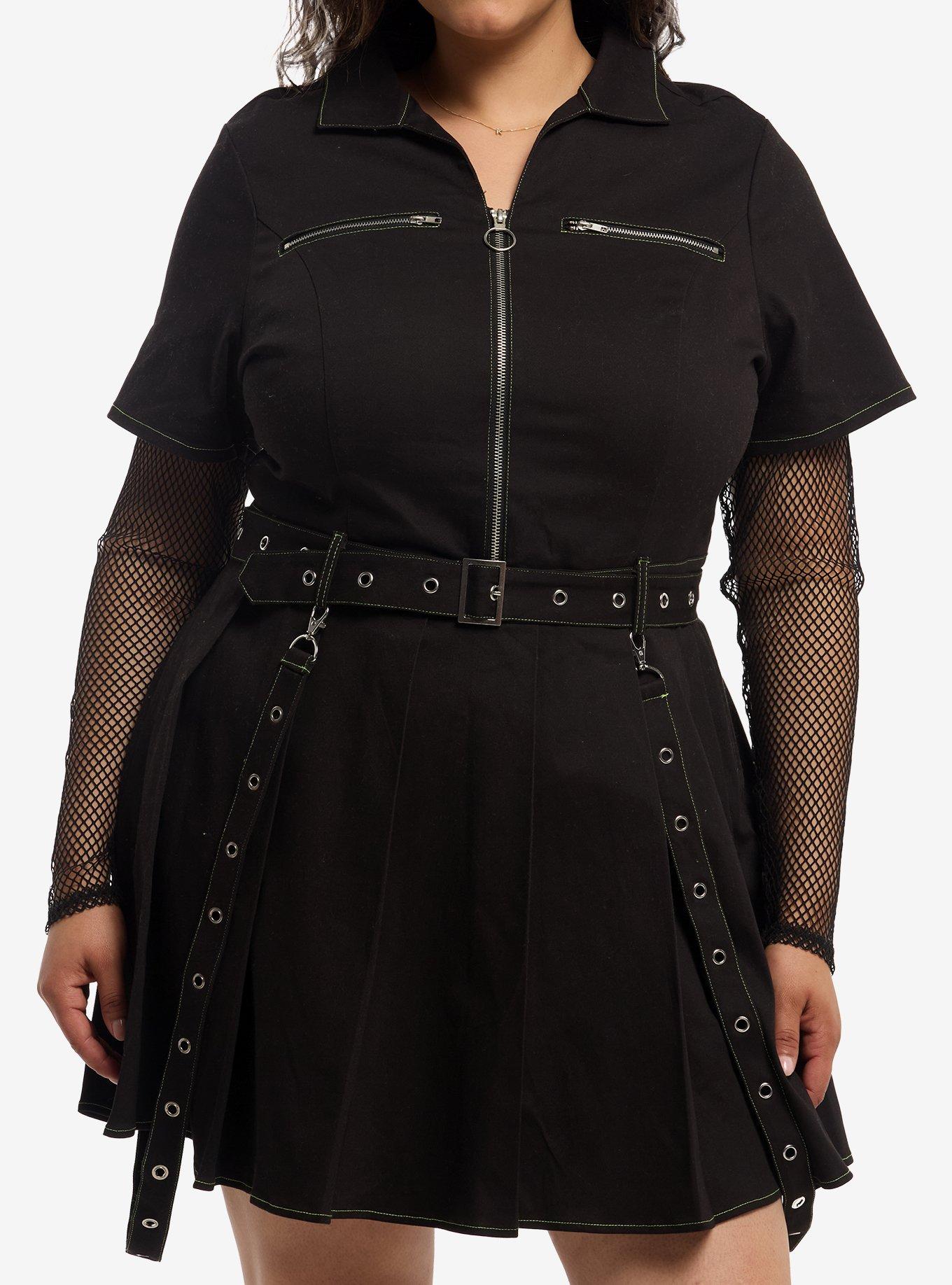 Social Collision Black & Green Stitch Zipper Suspender Dress Plus Size, , hi-res