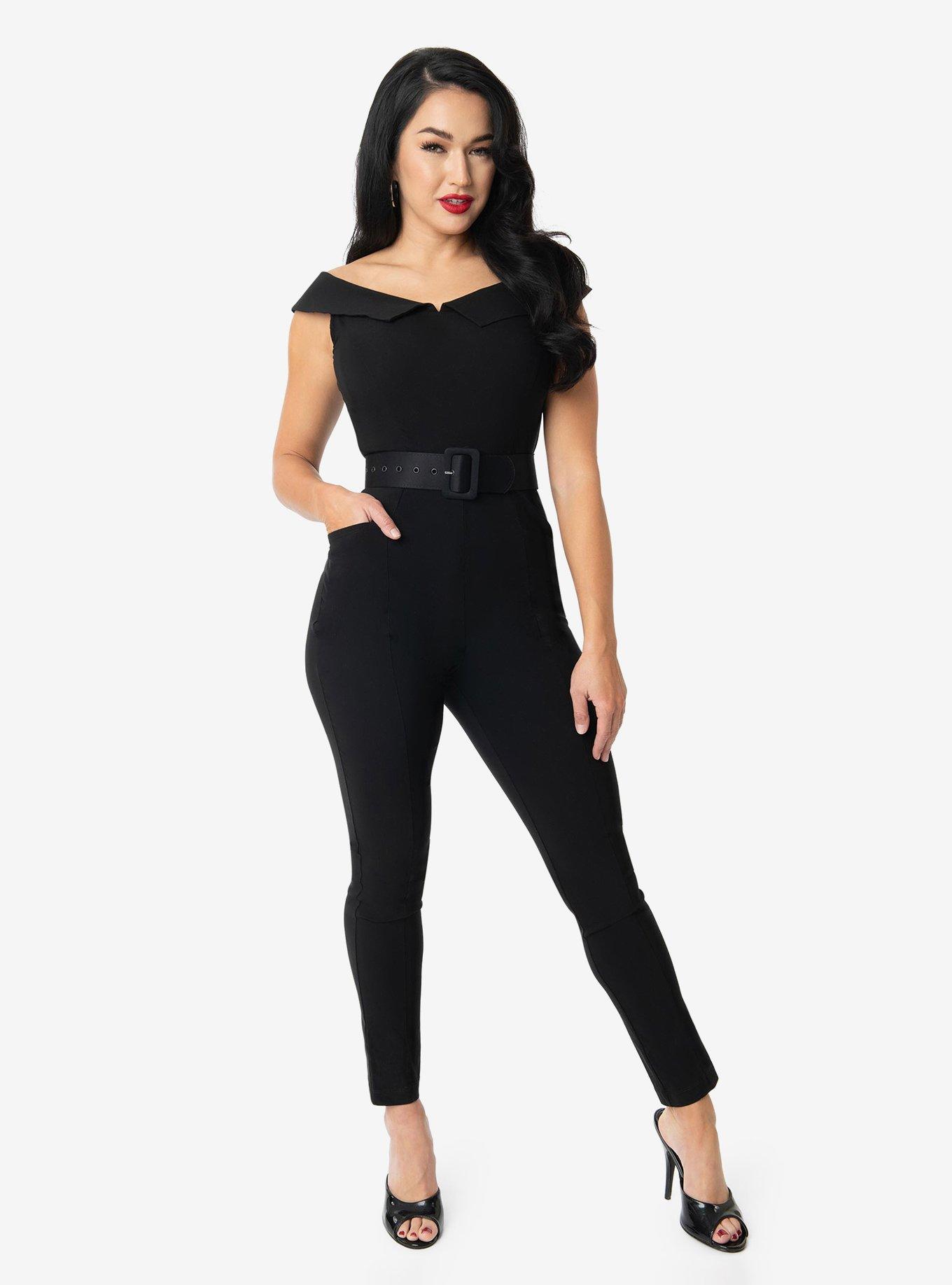 Unique Vintage Black Off Shoulder Gillian Jumpsuit, , hi-res