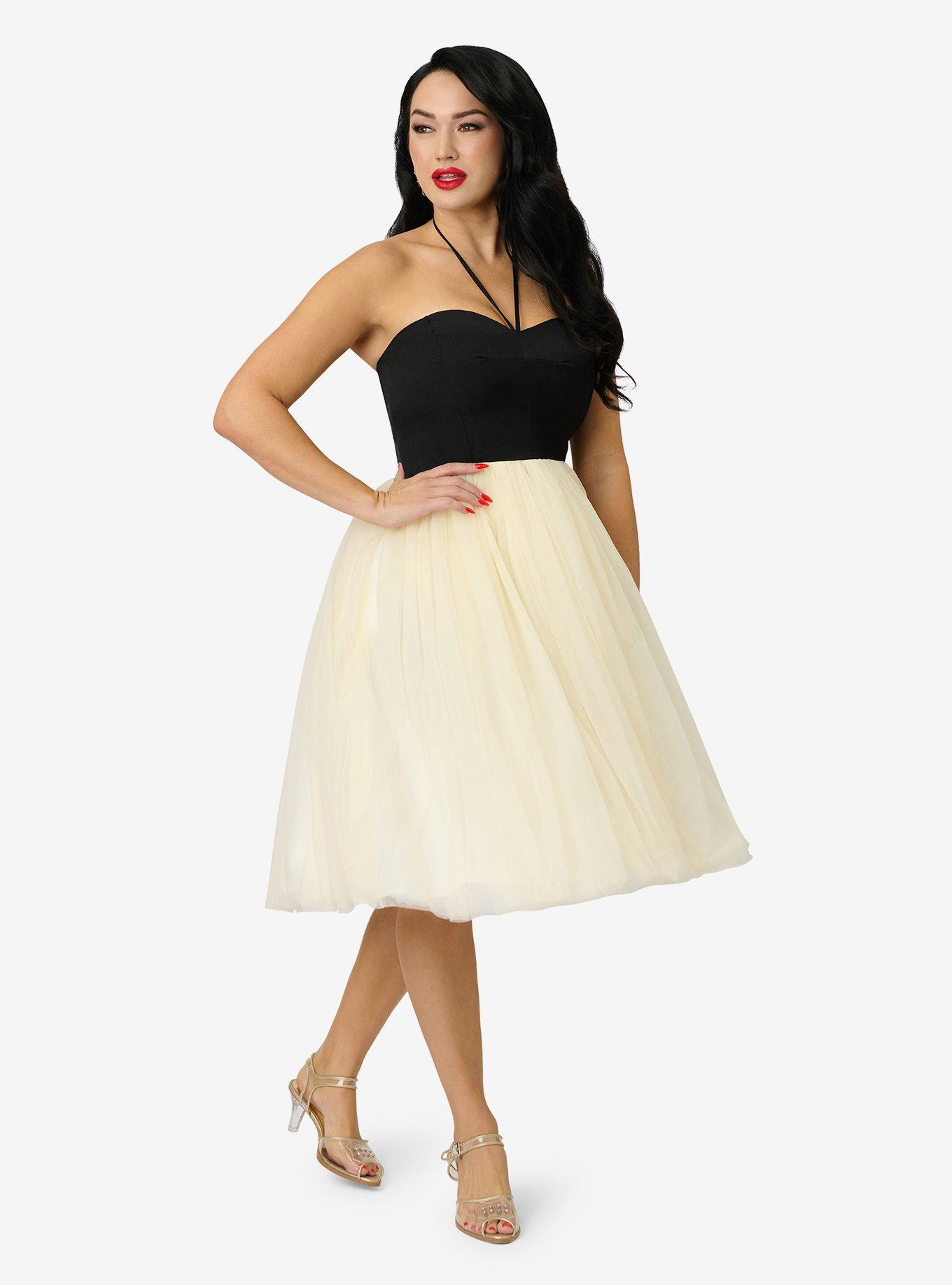 Unique Vintage Black & Ivory Sweetheart Halter Swing Dress, , hi-res
