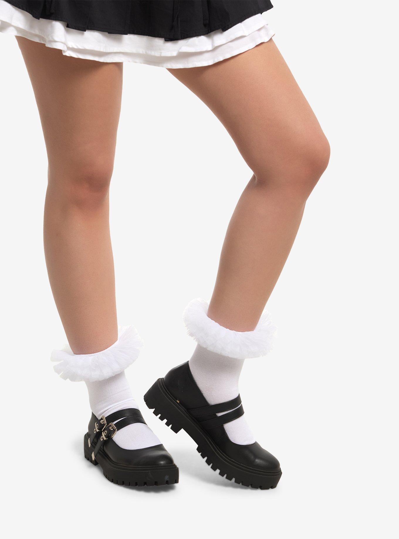 White Ruffle Trim Crew Socks, , hi-res