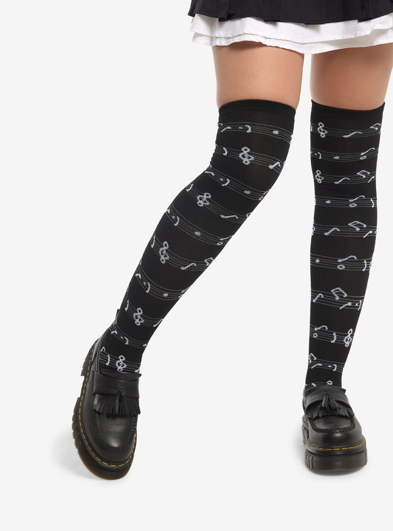 Black Music Note Thigh-High Socks, , hi-res