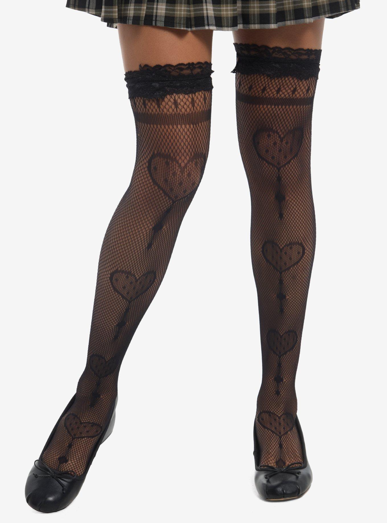 Black Heart Lace Fishnet Thigh Highs, , hi-res