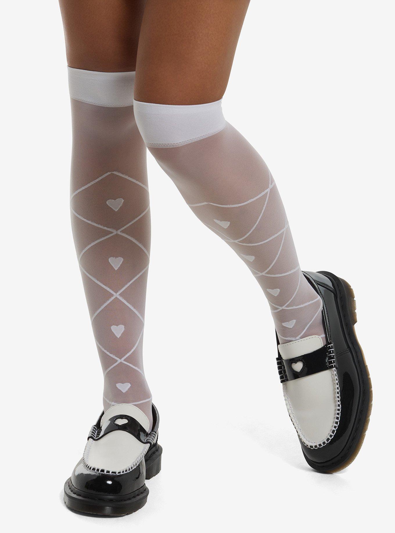 White Heart Faux Lace-Up Mesh Thigh Highs, , hi-res