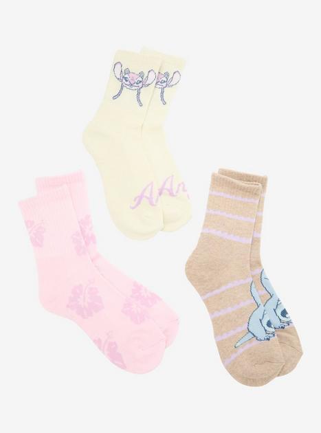 Disney Stitch & Angel Stripe Floral Crew Socks 3 Pair | Hot Topic