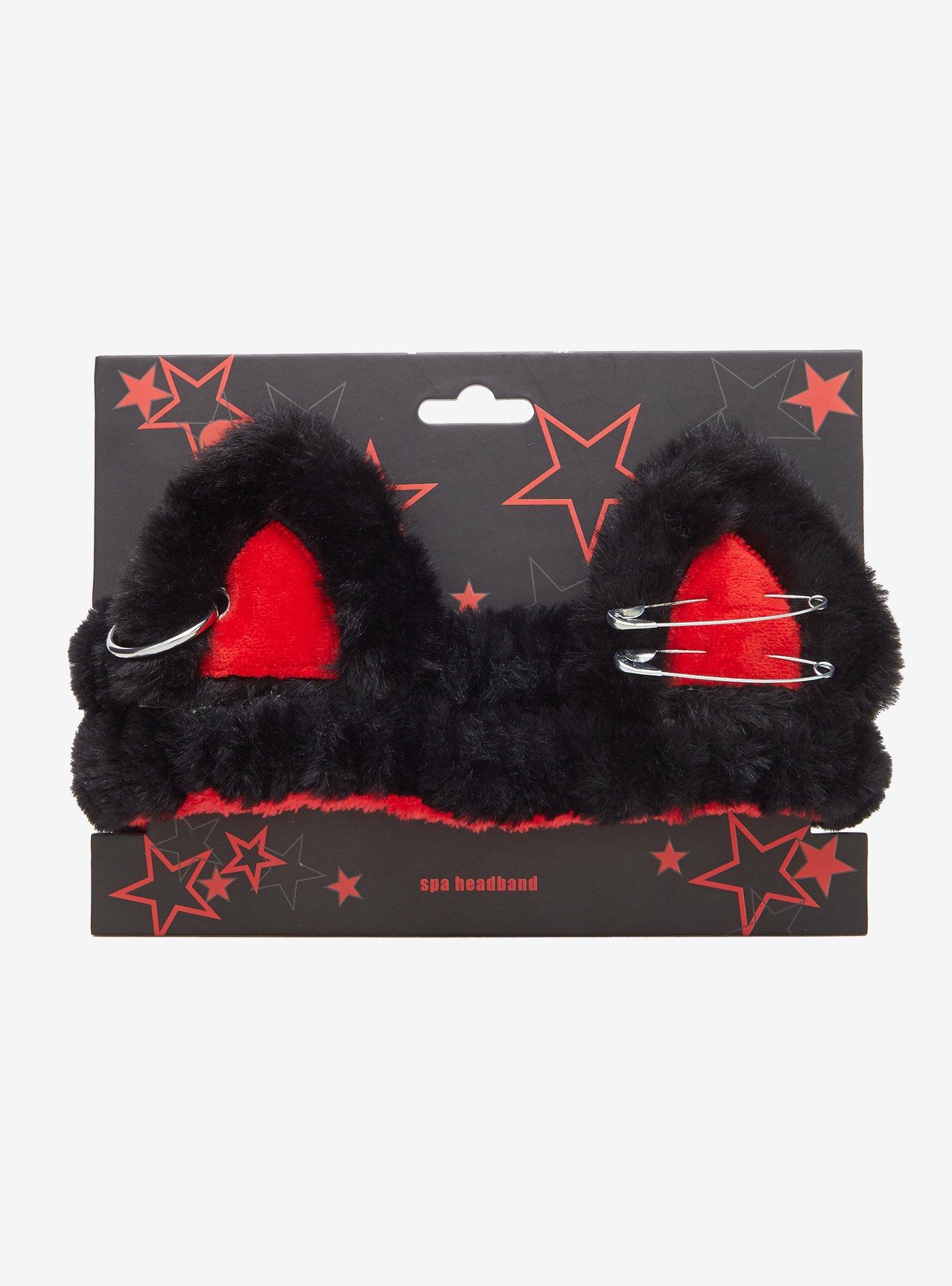Black & Red Cat Pierced Plush Spa Headband, , hi-res