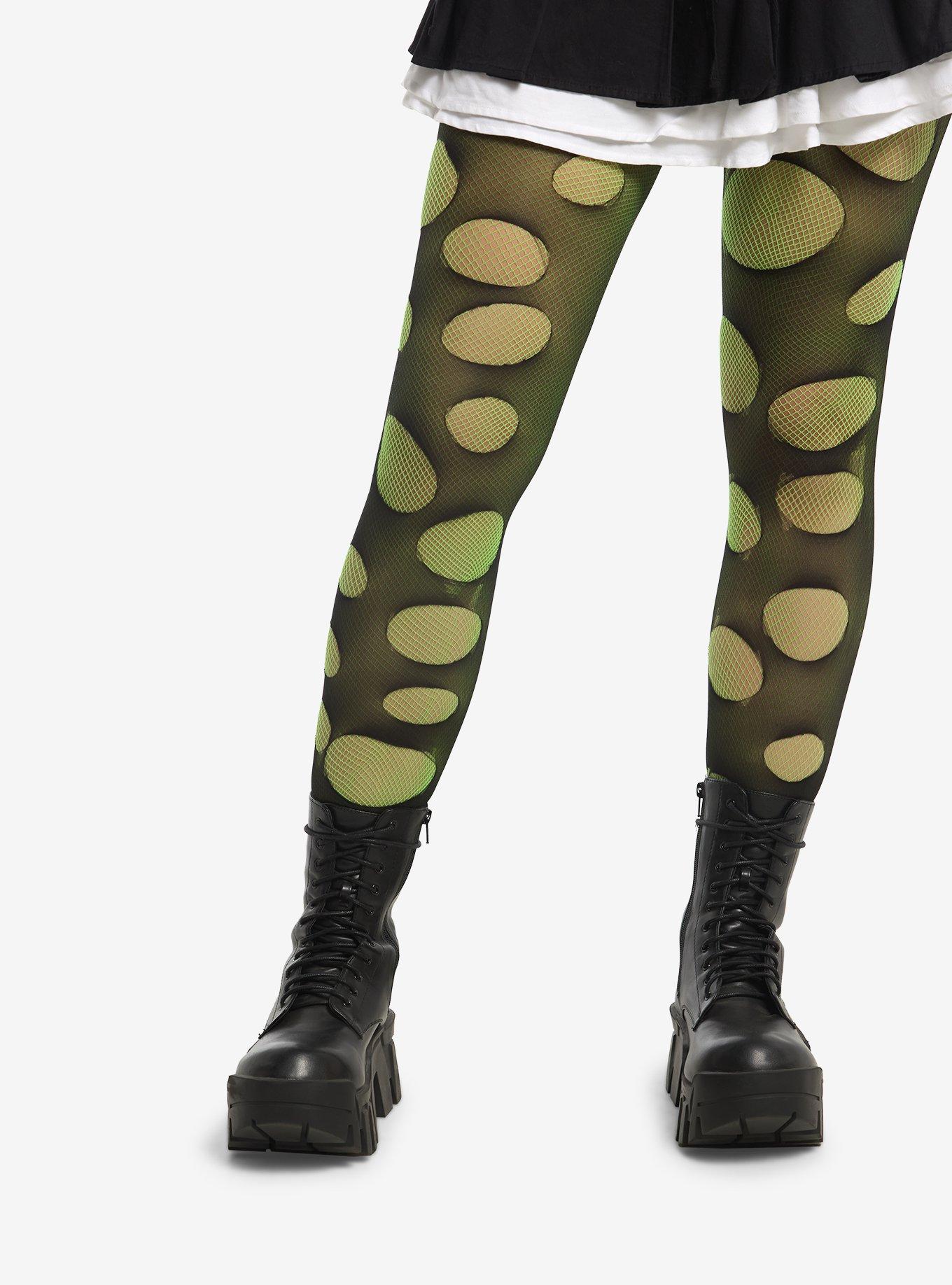 Black & Green Destructed Layered Tights, , hi-res