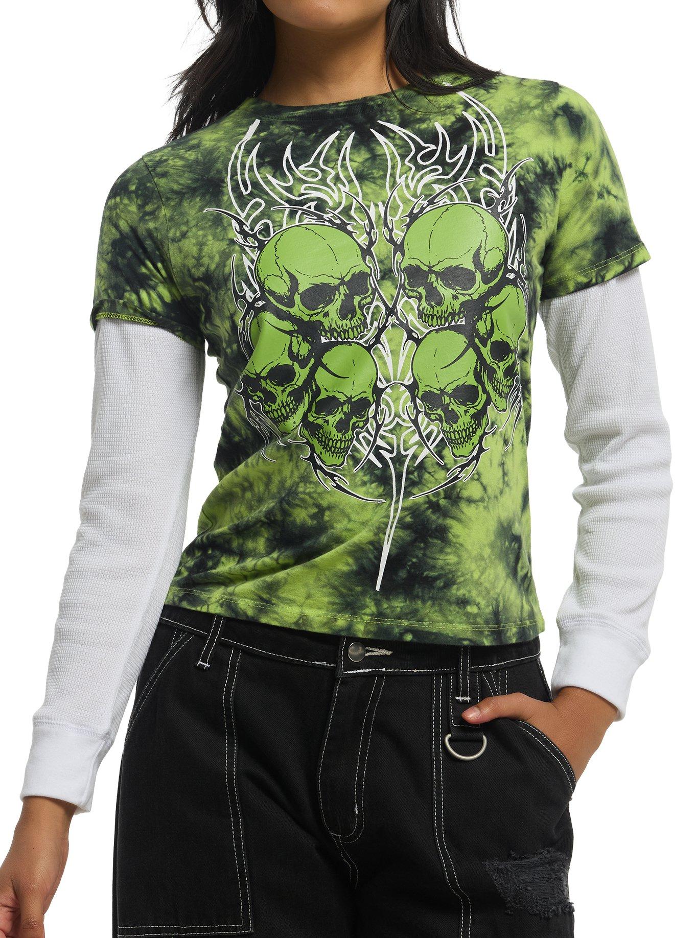 Social Collision Skull Green Tie-Dye Girls Twofer Long-Sleeve T-Shirt, , hi-res
