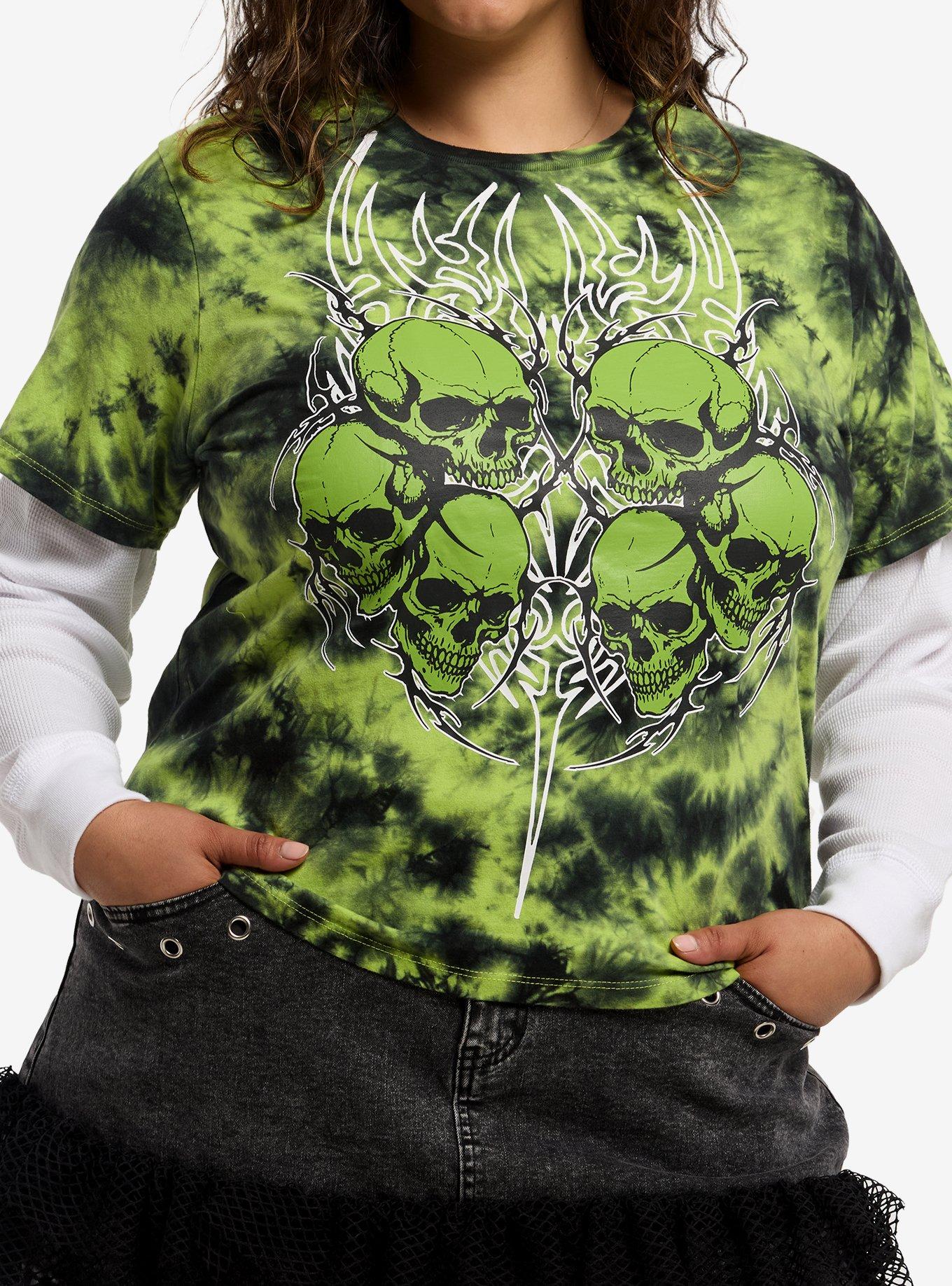 Social Collision Skull Green Tie-Dye Girls Twofer Long-Sleeve T-Shirt Plus Size, , hi-res
