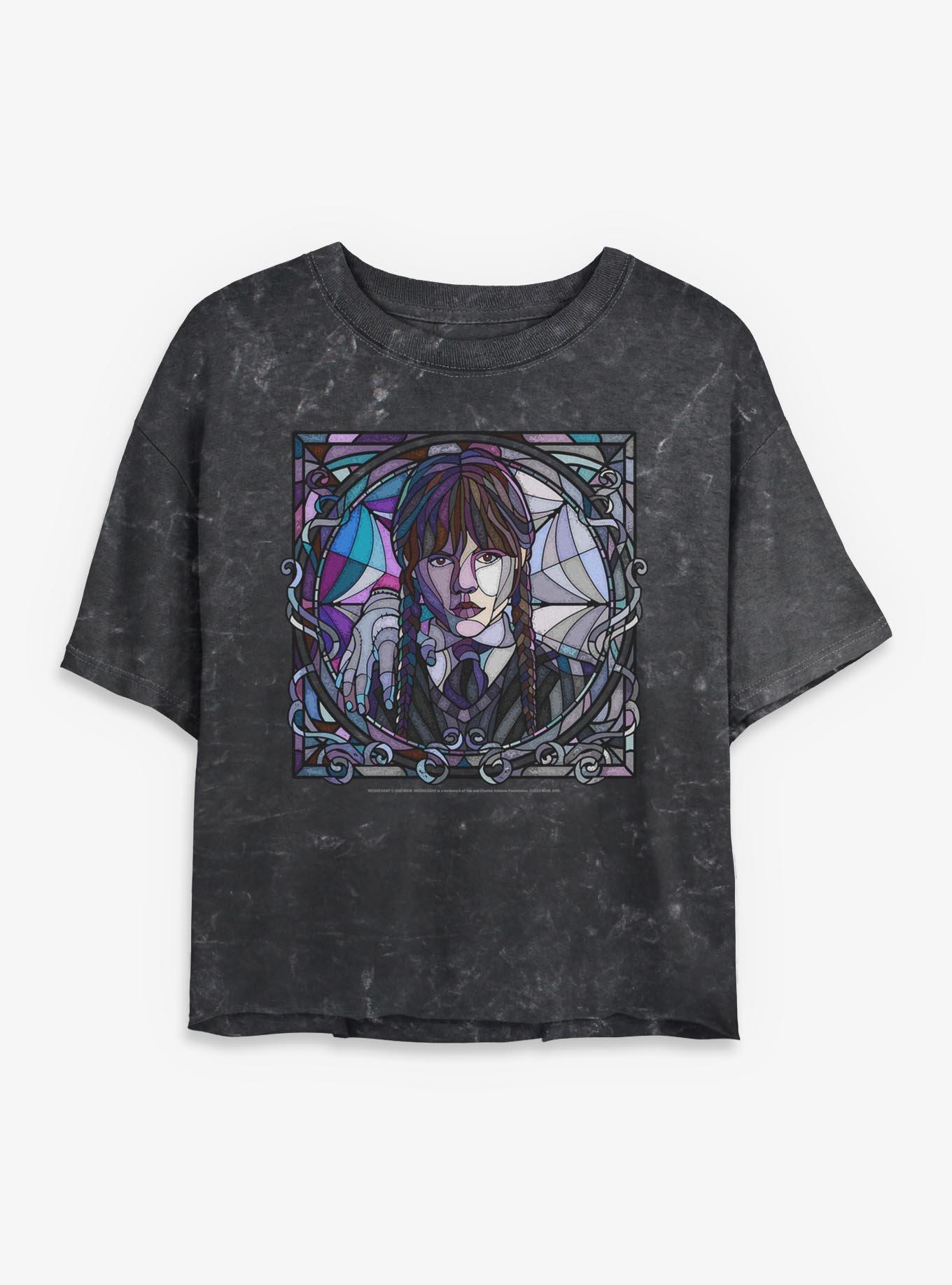 Wednesday Stained Glass Portrait Womens Mineral Wash Crop T-Shirt, , hi-res