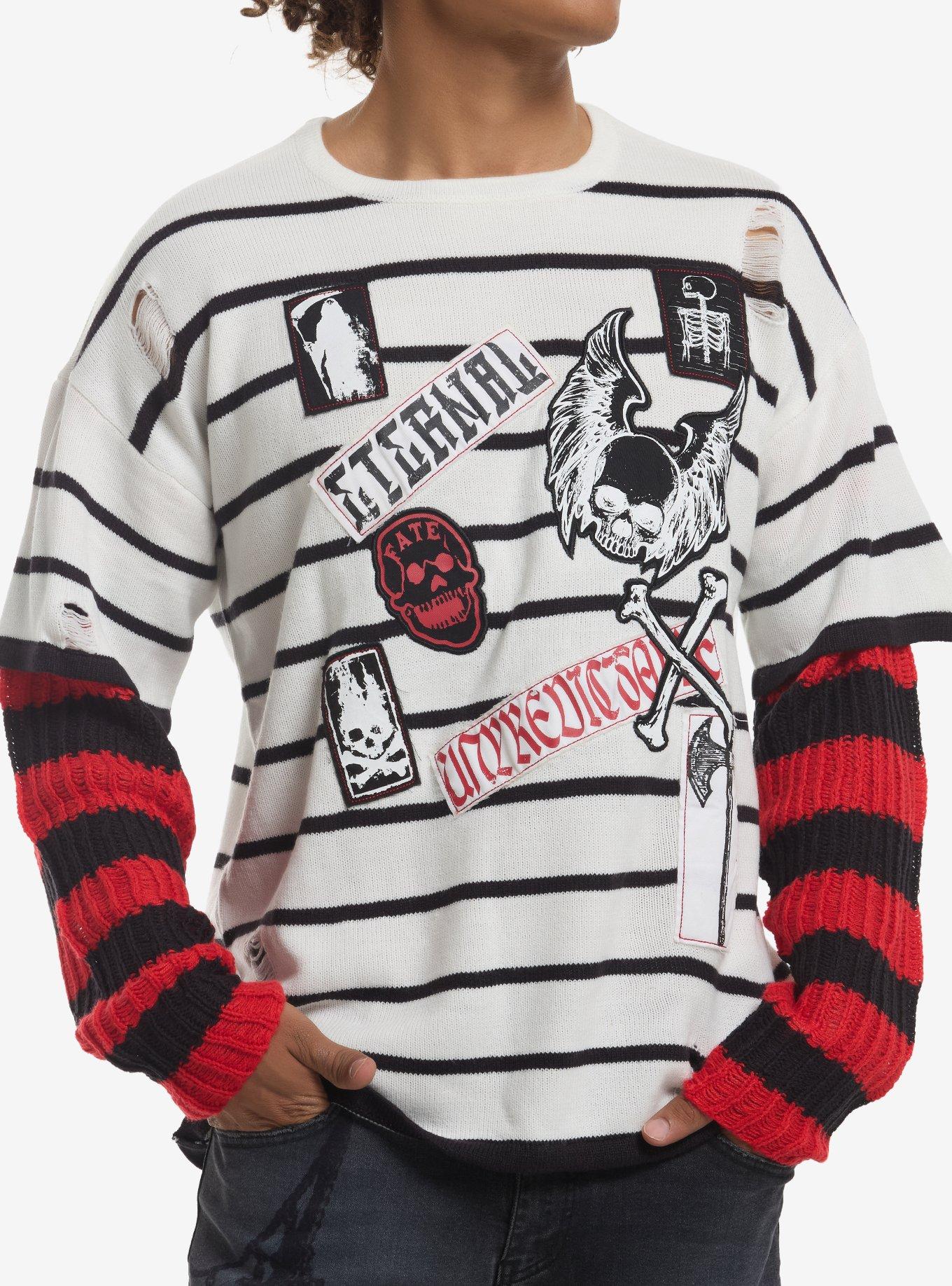 Skull Words Patch Distressed Knit Twofer Sweater, , hi-res