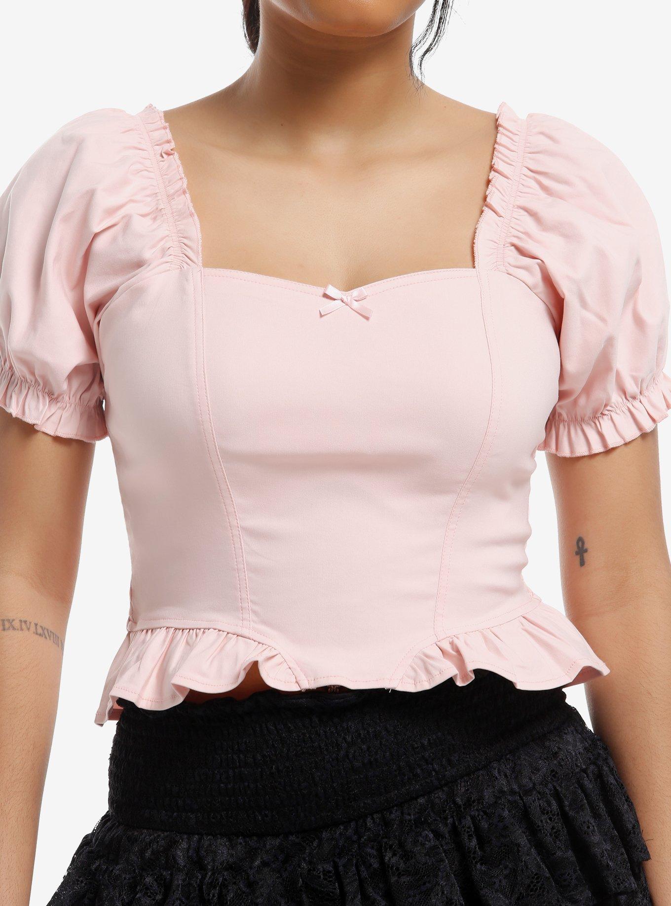 Sweet Society Pastel Pink Puff Sleeve Girls Crop Top, , hi-res