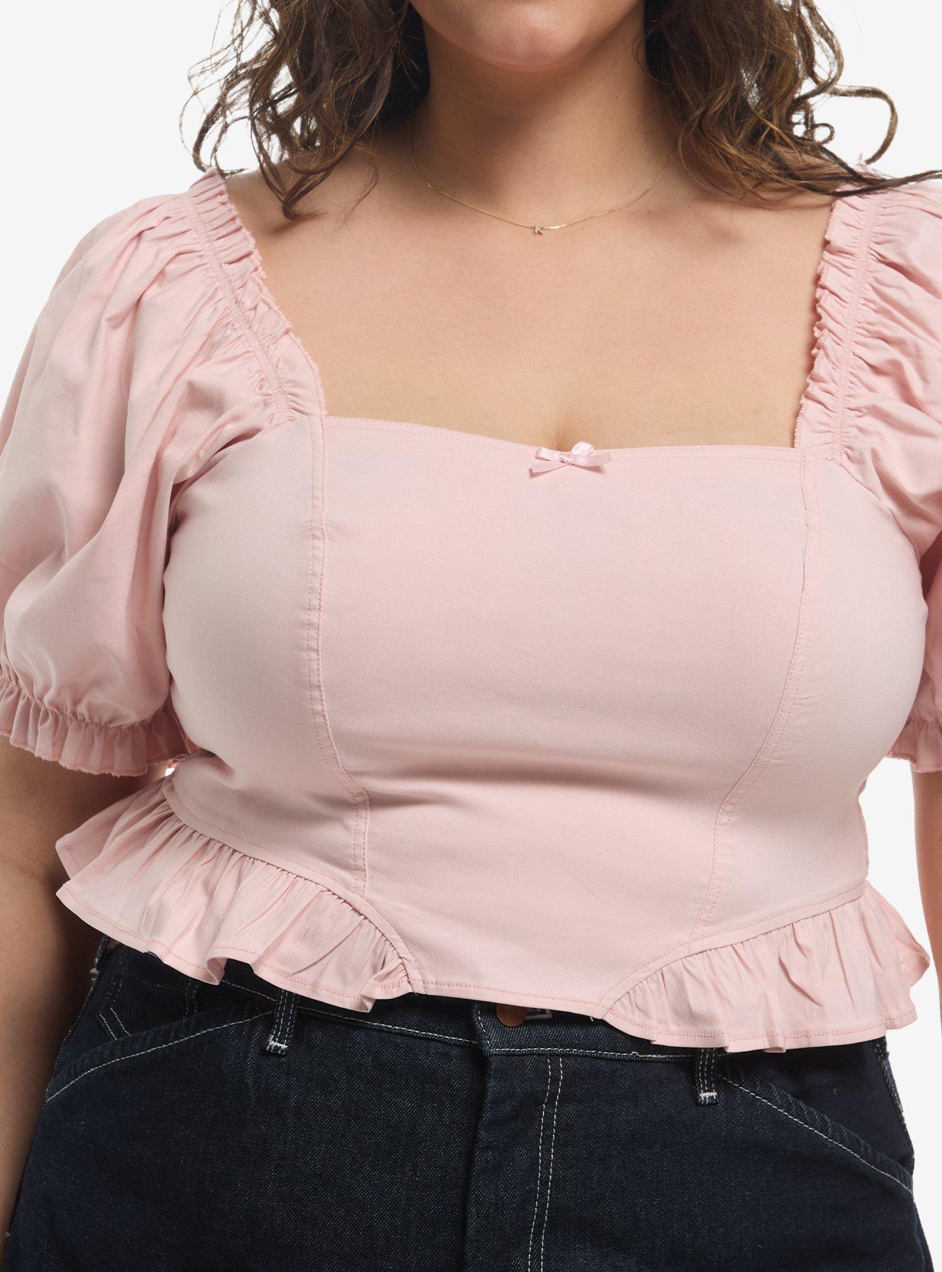 Sweet Society Pastel Pink Puff Sleeve Girls Crop Top Plus Size, , hi-res