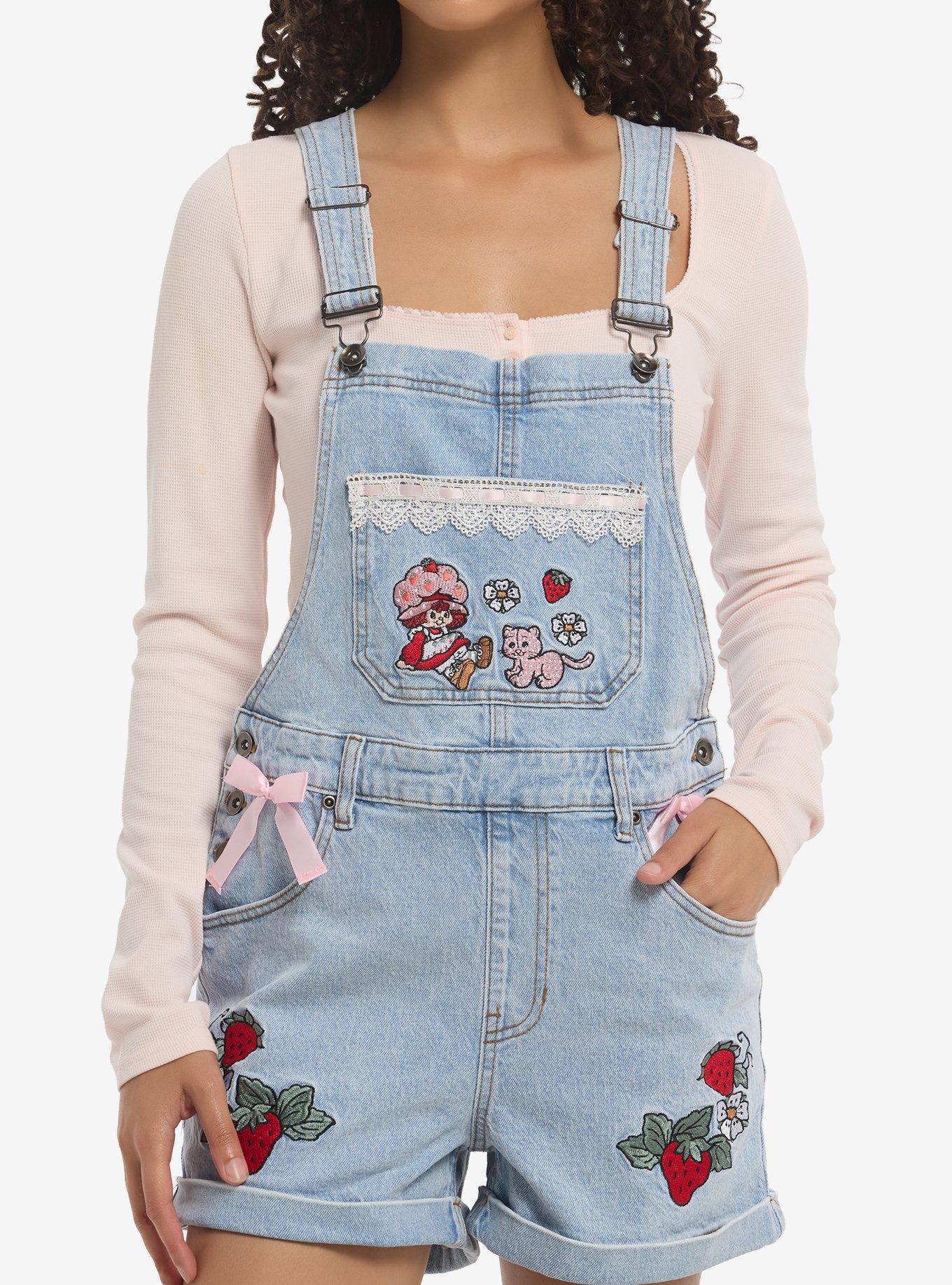 Strawberry Shortcake Embroidered Ribbon Lace Denim Shortalls, , hi-res