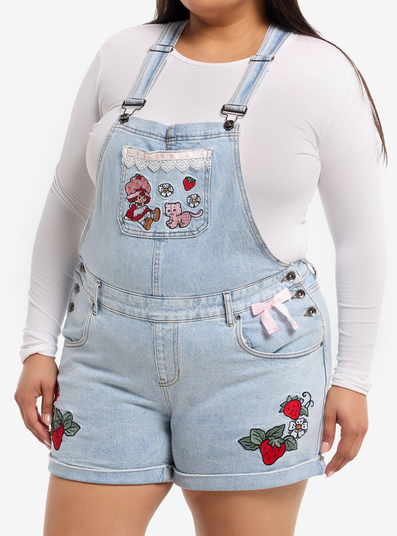 Strawberry Shortcake Embroidered Ribbon Lace Denim Shortalls Plus Size, , hi-res