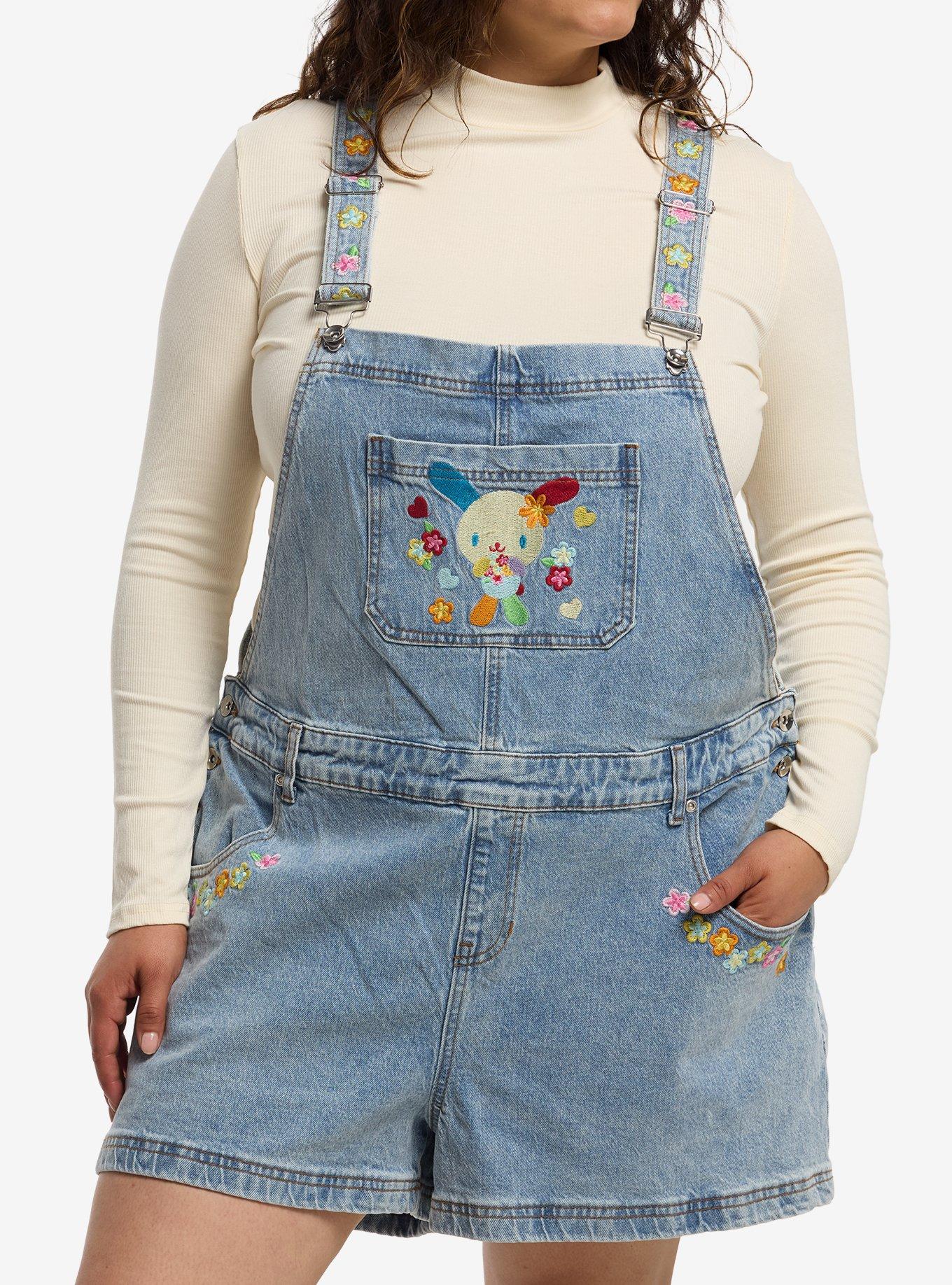 U*SA*HA*NA Flowers Oversized Denim Shortalls Plus Size, , hi-res