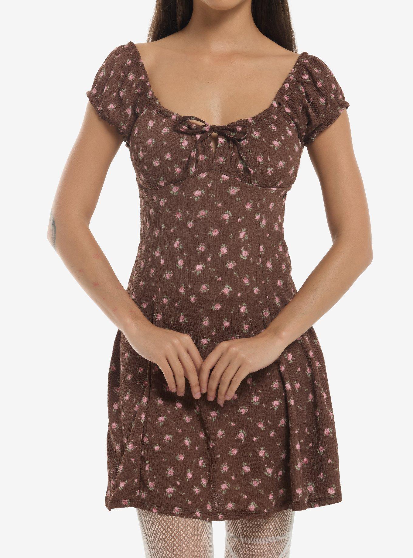 MARKET Brown & Pink Floral Puff Sleeve Mini Dress