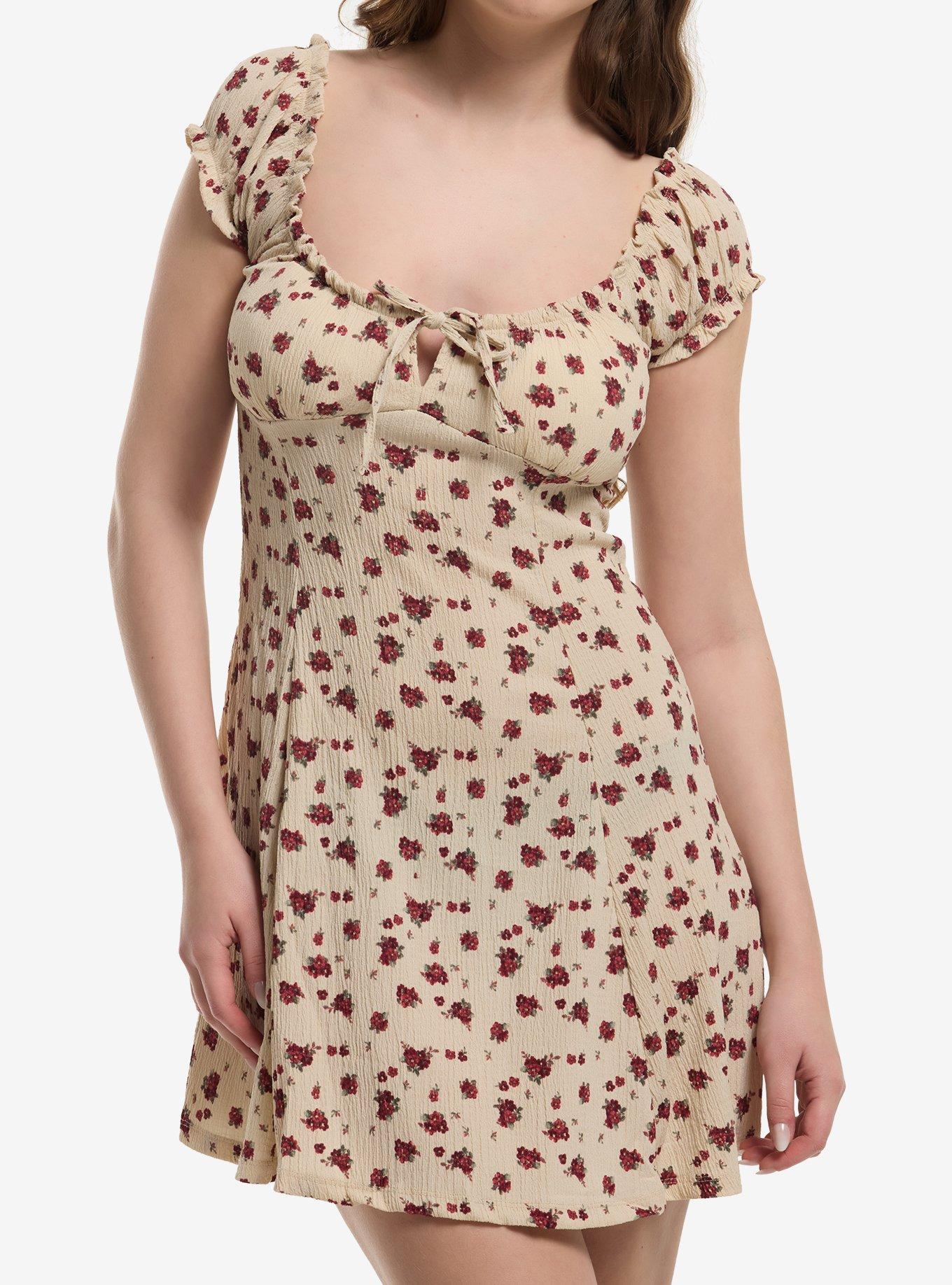 Floral Tan Puff Sleeve Mini Dress, , hi-res