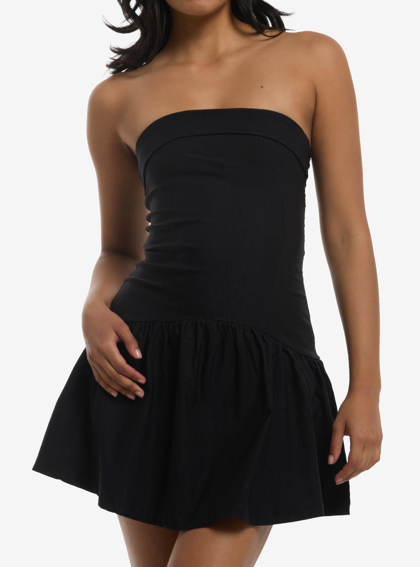 Black Foldover Strapless Dress, , hi-res