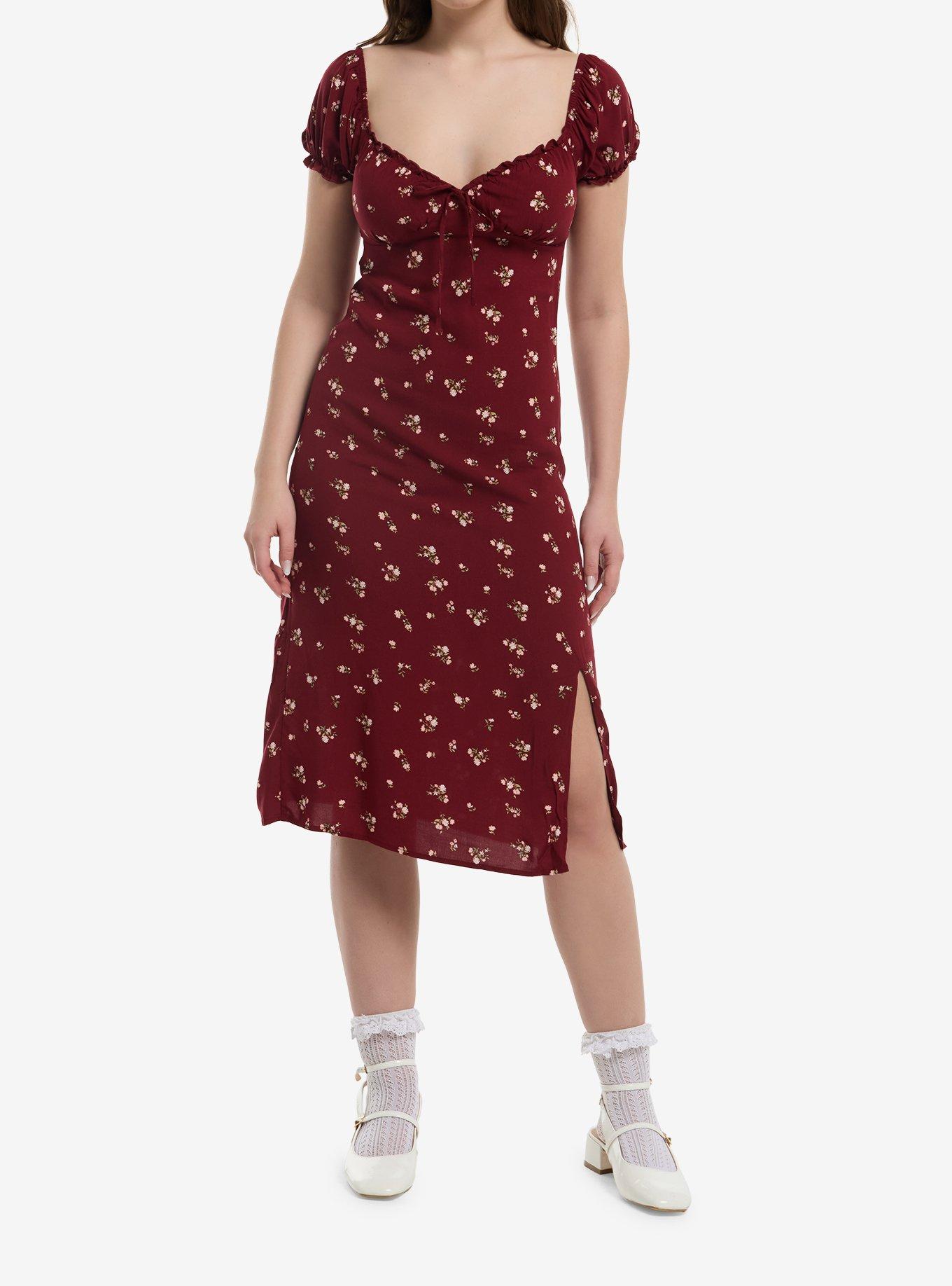 Burgundy Floral Midaxi Dress, , hi-res